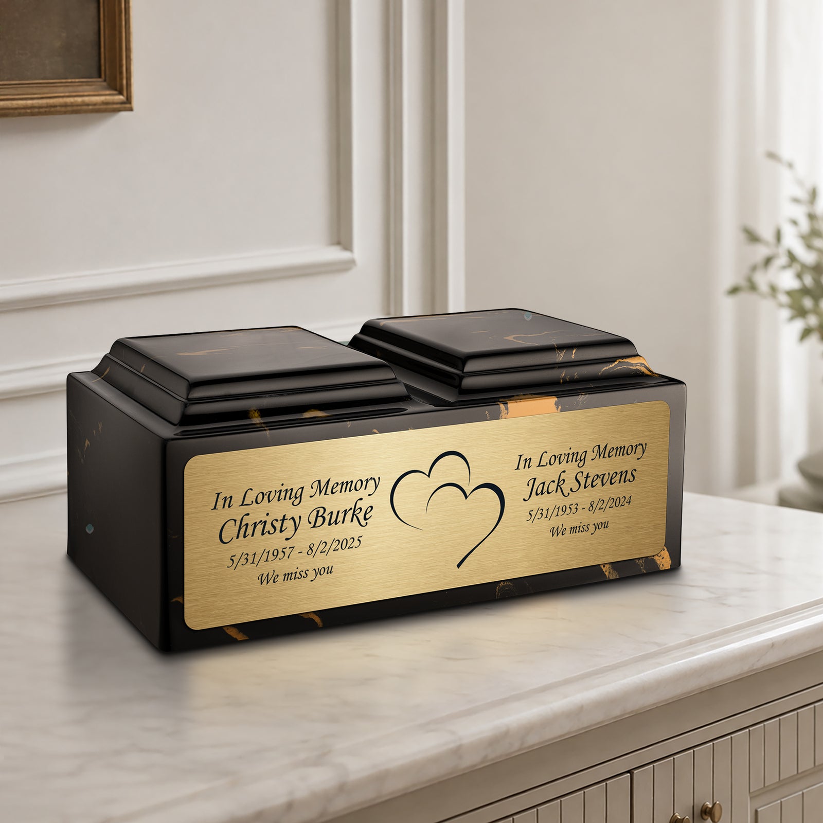 Adult Companion Custom Printed Black and Gold Heart Cultured Marble Urns by MacKenzie