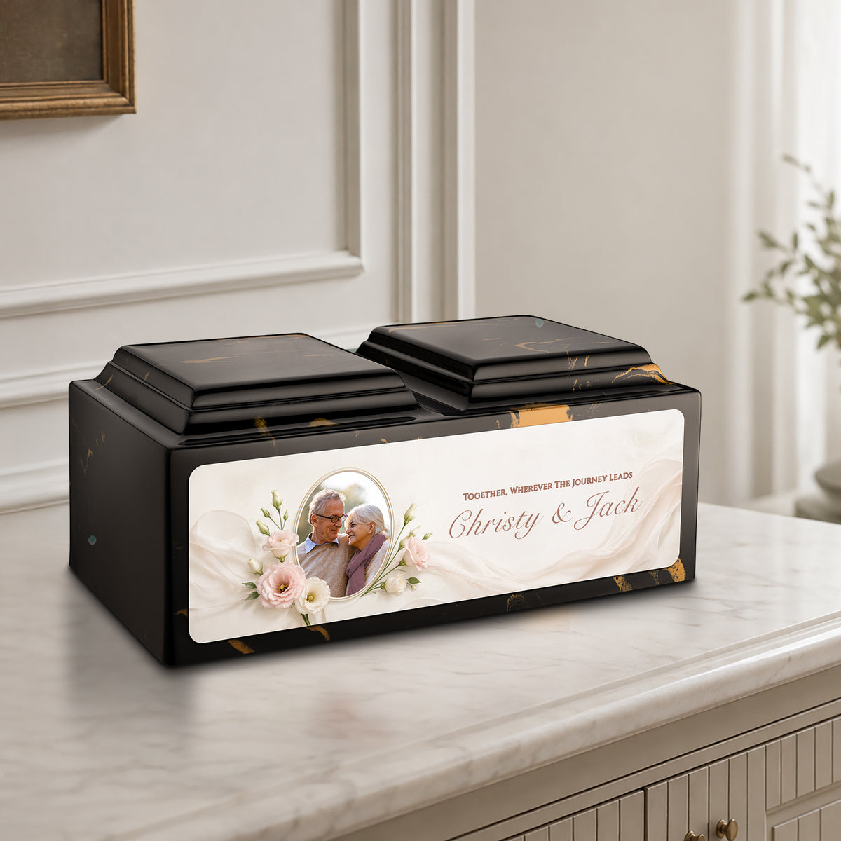 Adult Companion Custom Flower Couple Portrait Memorial Black & Gold Cultured Marble Urns by MacKenzie