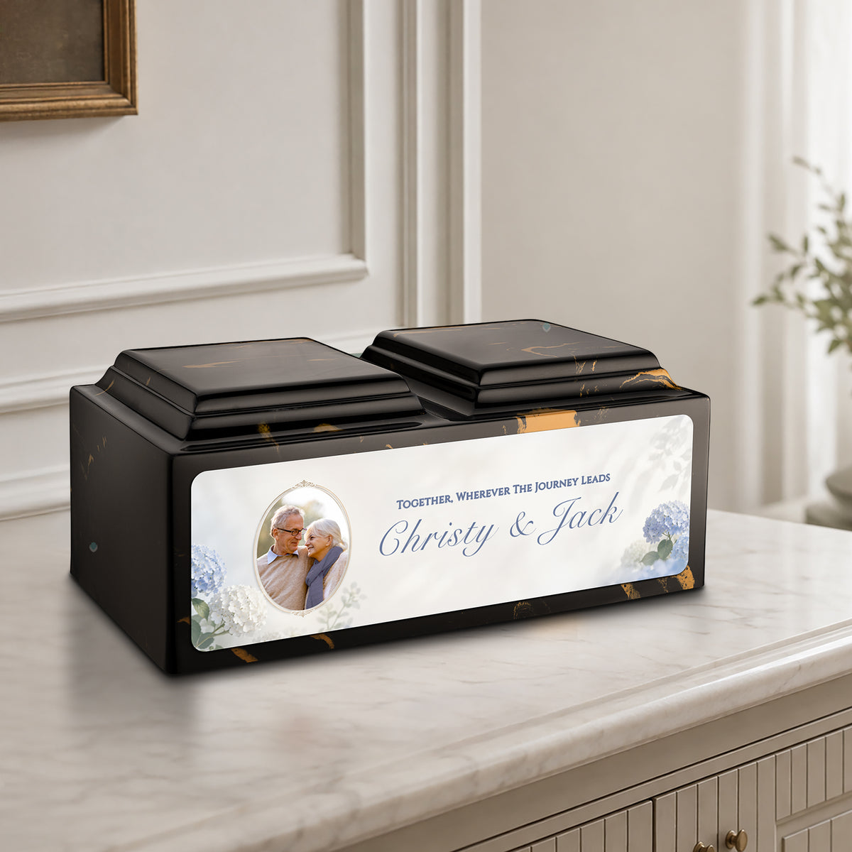 Adult Companion Custom Flower Couple Portrait Black & Gold Cultured Marble Urns by MacKenzie