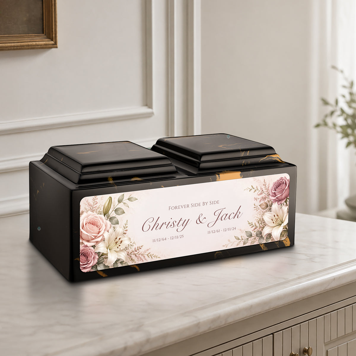 Adult Companion Custom Flower Printed Black & Gold Cultured Marble Urns by MacKenzie