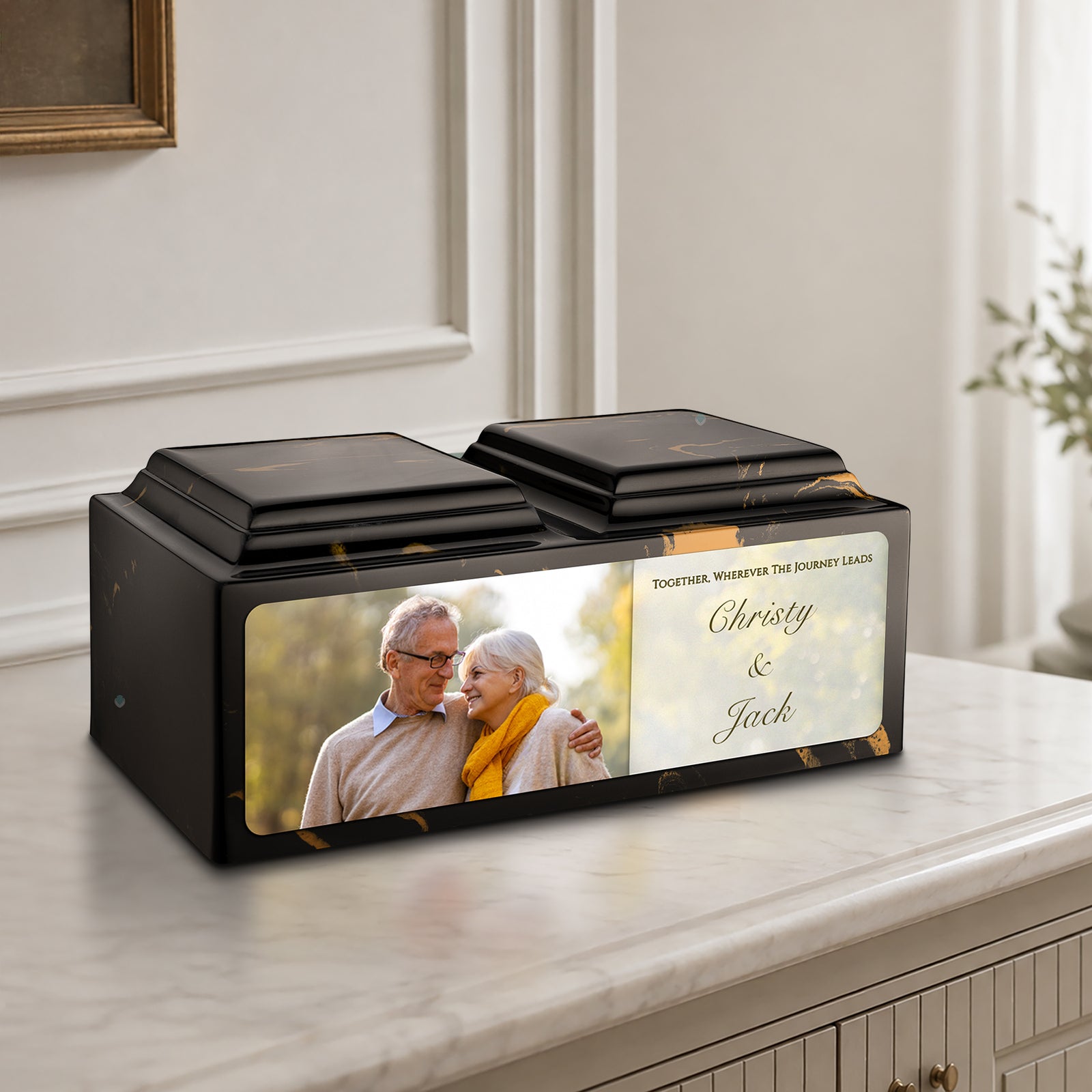Adult Companion Custom Couple Portrait Black & Gold Cultured Marble Urns by MacKenzie