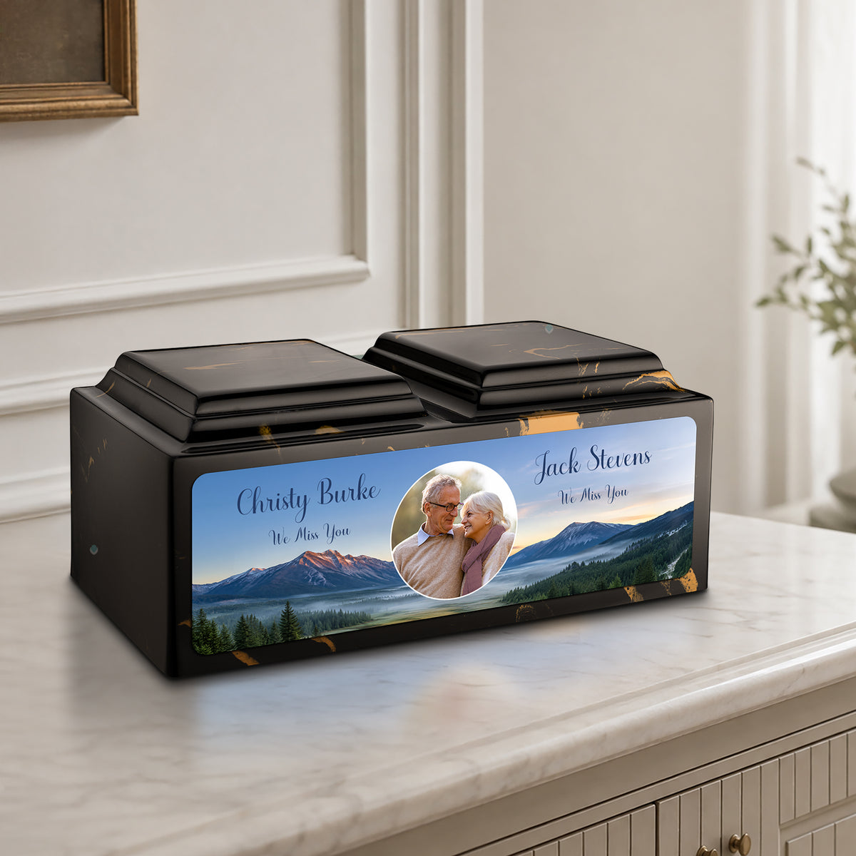 Adult Companion Custom Mountains Couple Portrait Memorial Black & Gold Cultured Marble Urns by MacKenzie
