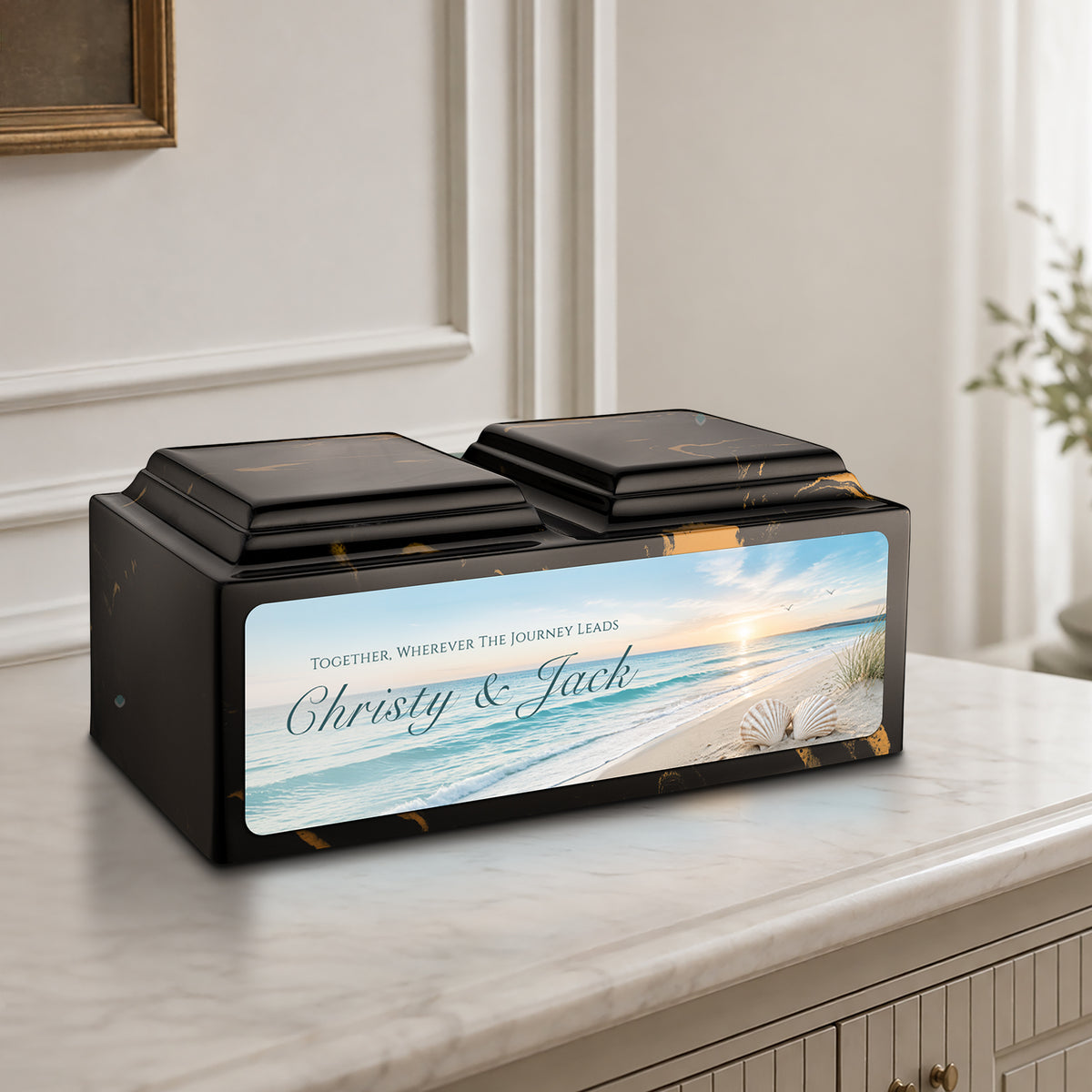 Adult Companion Custom Ocean Memorial Black & Gold Cultured Marble Urns by MacKenzie