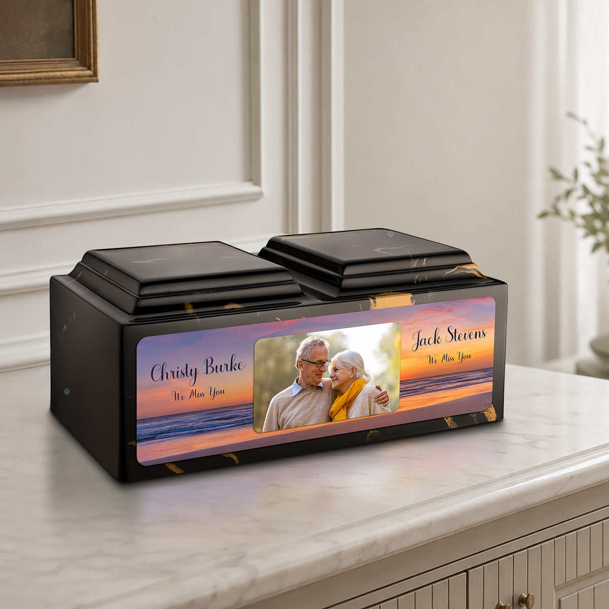 Adult Companion Custom Ocean Sunset Couple Portrait Memorial Black & Gold Cultured Marble Urns by MacKenzie