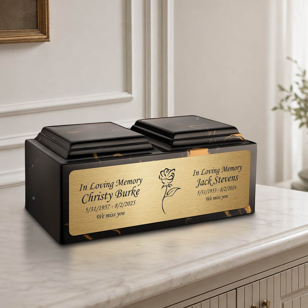 Adult Companion Custom Printed Black and Gold Roses Cultured Marble Urns by MacKenzie