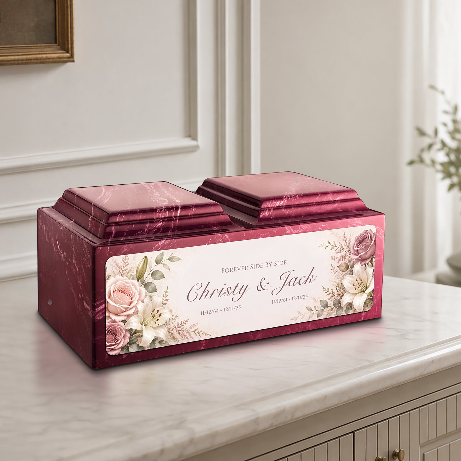 Adult Companion Custom Flower Printed Berry Cultured Marble Urns by MacKenzie