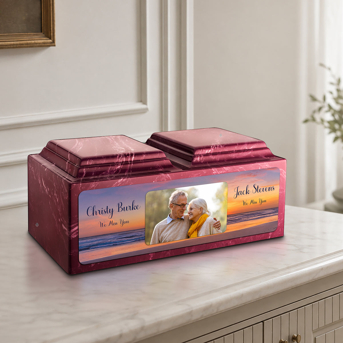 Adult Companion Custom Ocean Sunset Couple Portrait Memorial Berry Cultured Marble Urns by MacKenzie