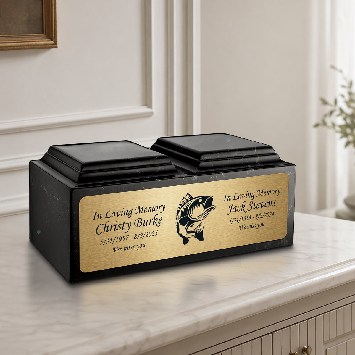 Adult Companion Custom Printed Black and White Fishing Cultured Marble Urns by MacKenzie