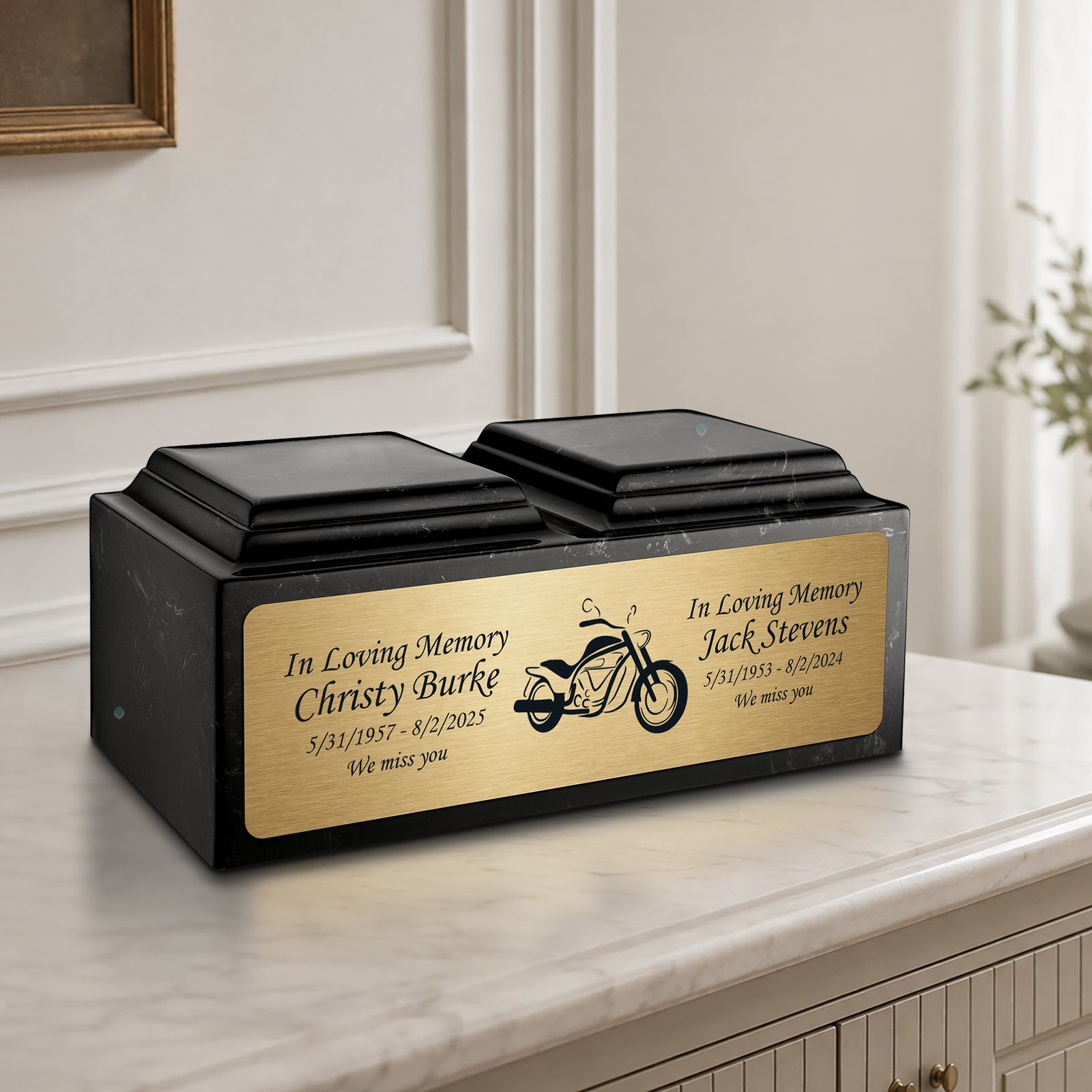 Adult Companion Custom Printed Black and White Motorcycle Cultured Marble Urns by MacKenzie