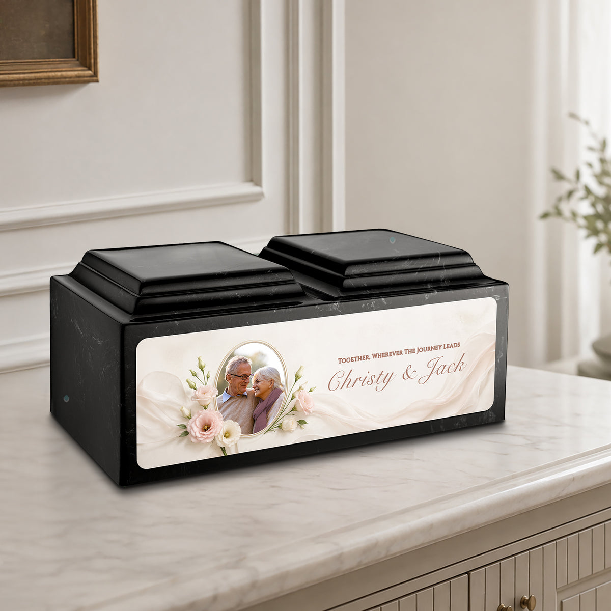 Adult Companion Custom Flower Couple Portrait Memorial Black & White Cultured Marble Urns by MacKenzie