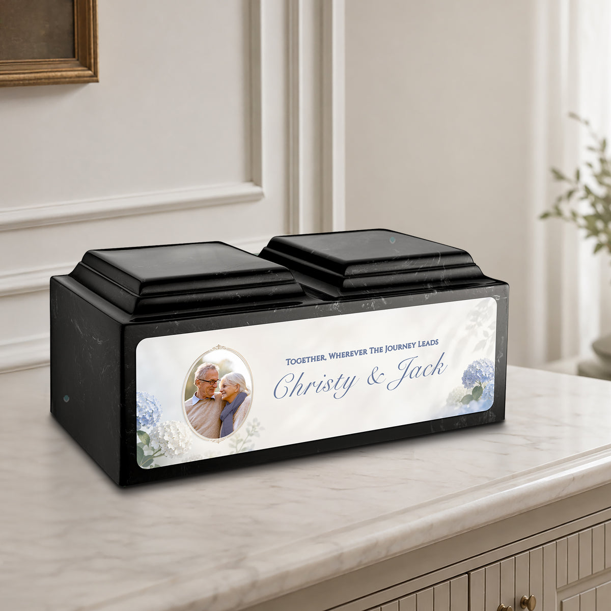 Adult Companion Custom Flower Couple Portrait Black & White Cultured Marble Urns by MacKenzie