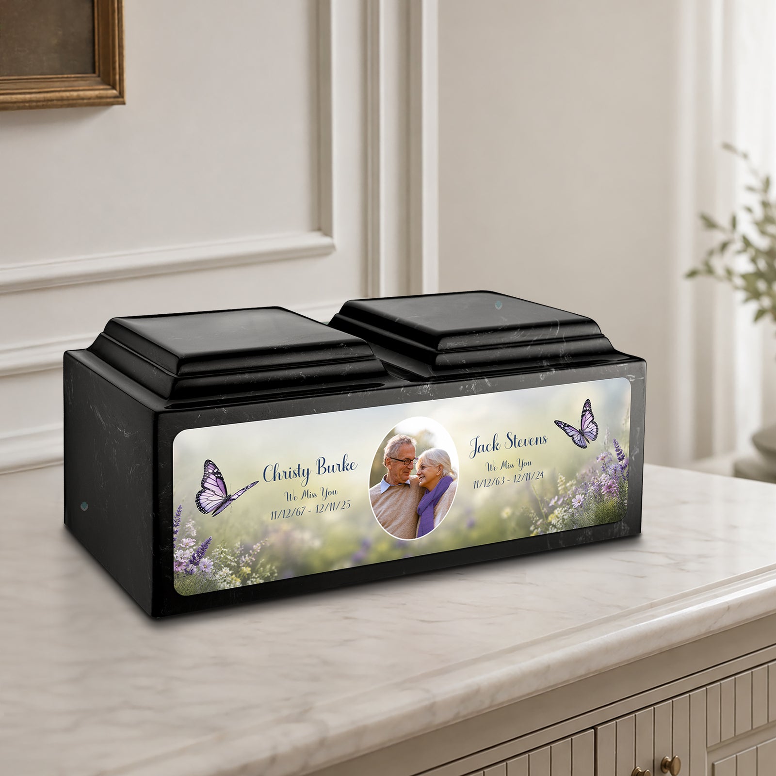 Adult Companion Custom Butterfly Couple Portrait Black & White Cultured Marble Urns by MacKenzie