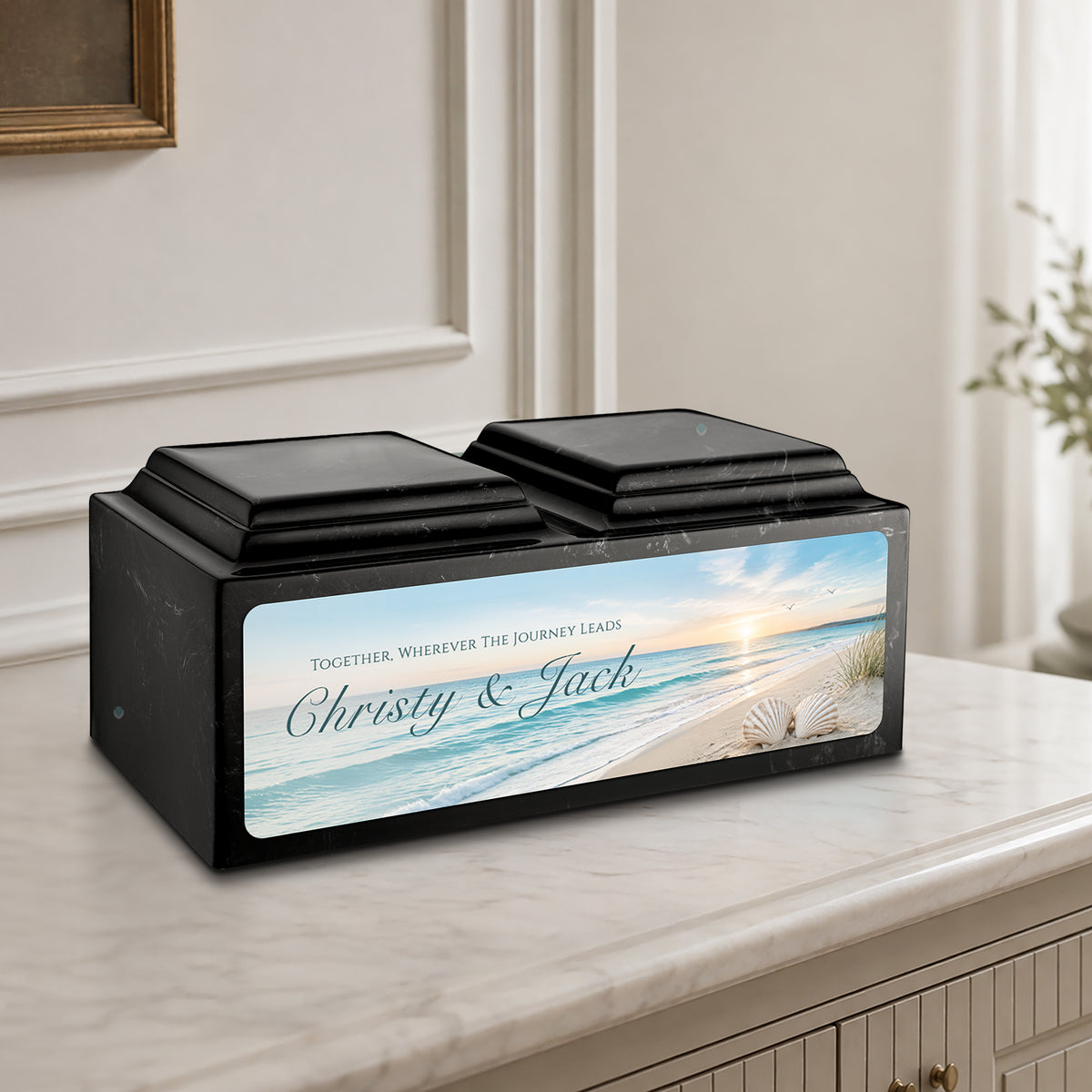 Adult Companion Custom Ocean Memorial Black & White Cultured Marble Urns by MacKenzie