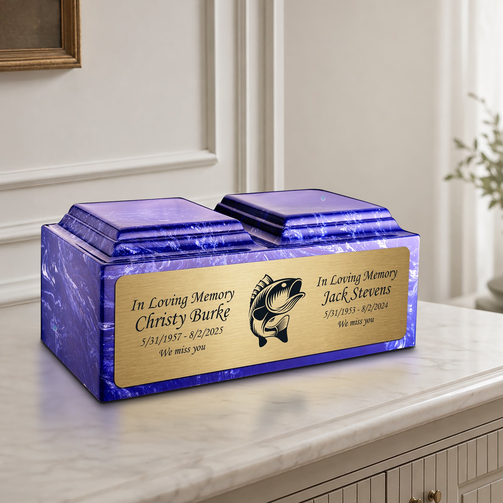 Adult Companion Custom Printed Cobalt Fishing Cultured Marble Urns by MacKenzie