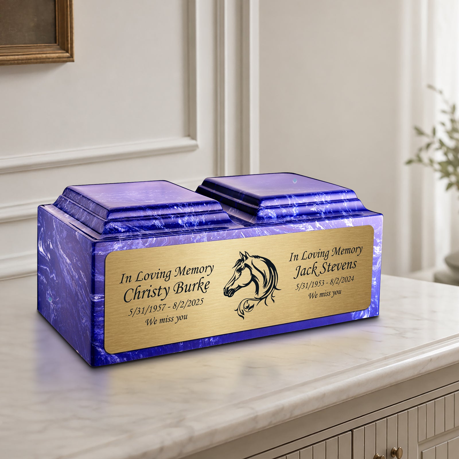 Adult Companion Custom Printed Cobalt Horse Cultured Marble Urns by MacKenzie