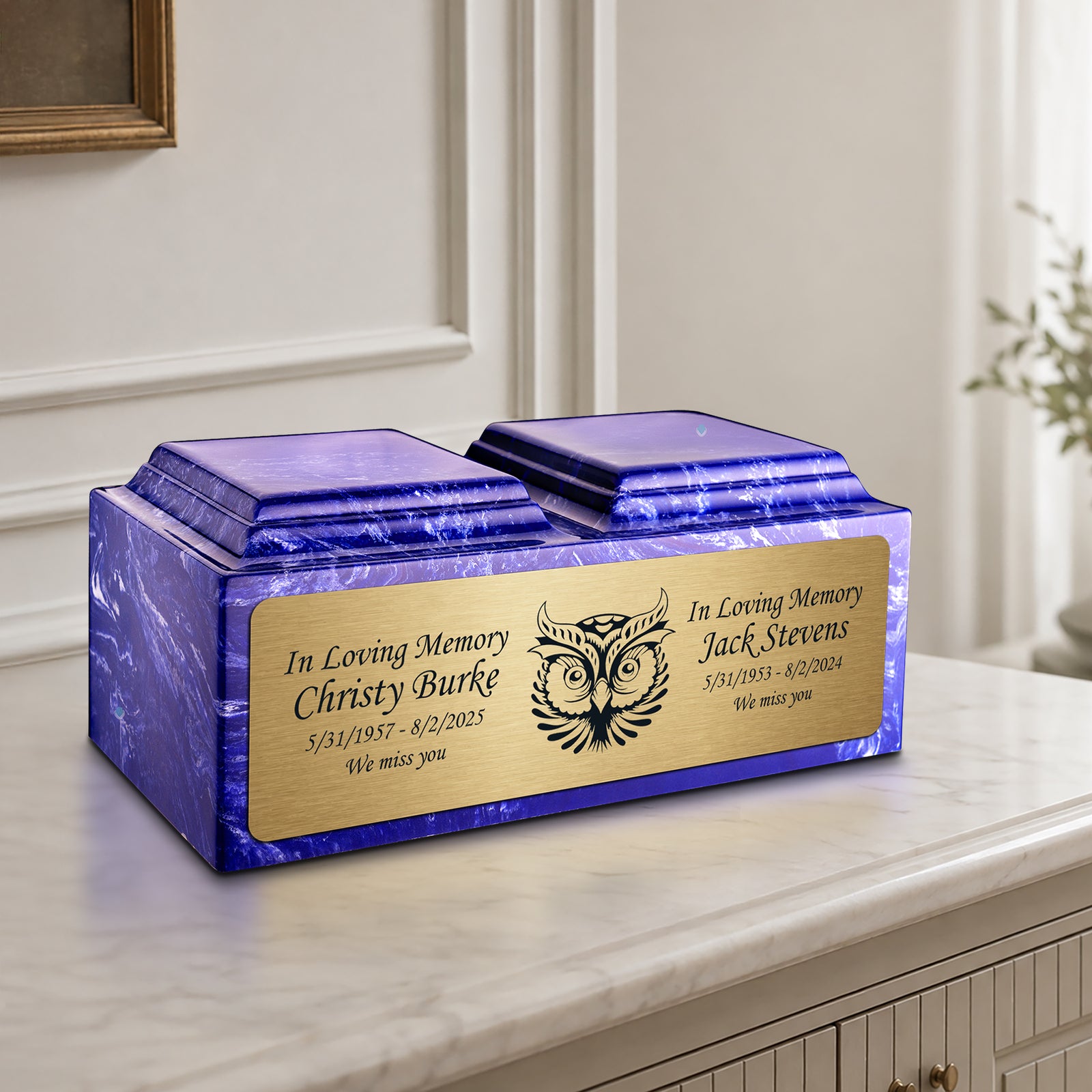 Adult Companion Custom Printed Cobalt Owl Cultured Marble Urns by MacKenzie