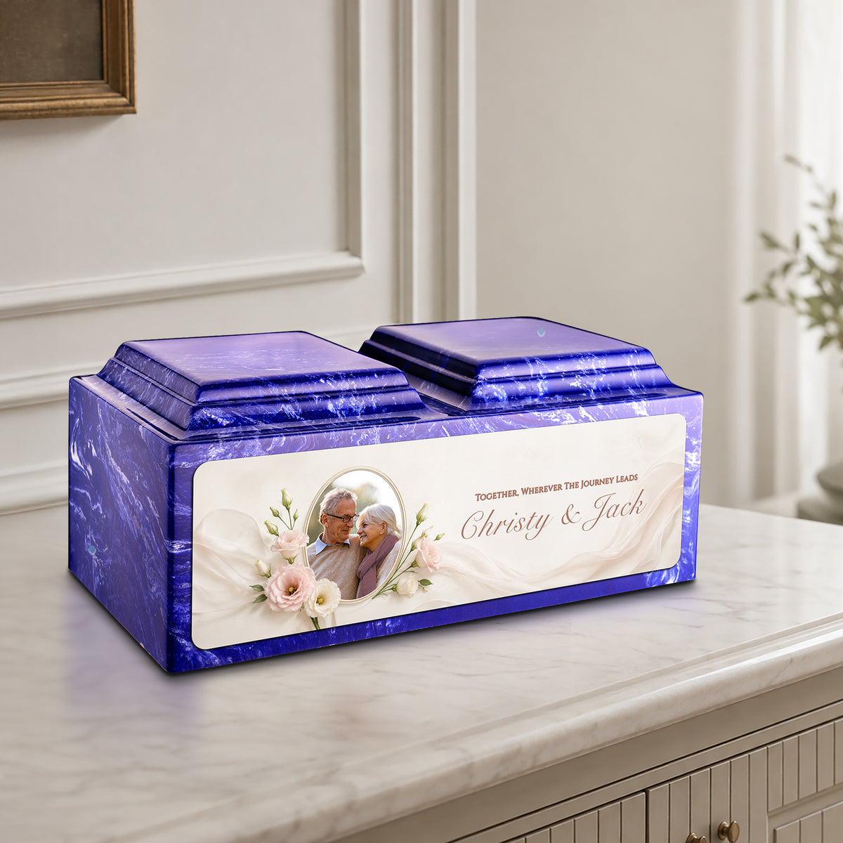 Adult Companion Custom Flower Couple Portrait Memorial Cobalt Cultured Marble Urns by MacKenzie