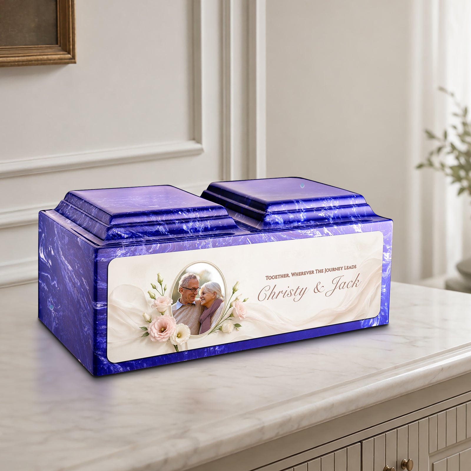 Adult Companion Custom Flower Couple Portrait Memorial Cobalt Cultured Marble Urns by MacKenzie