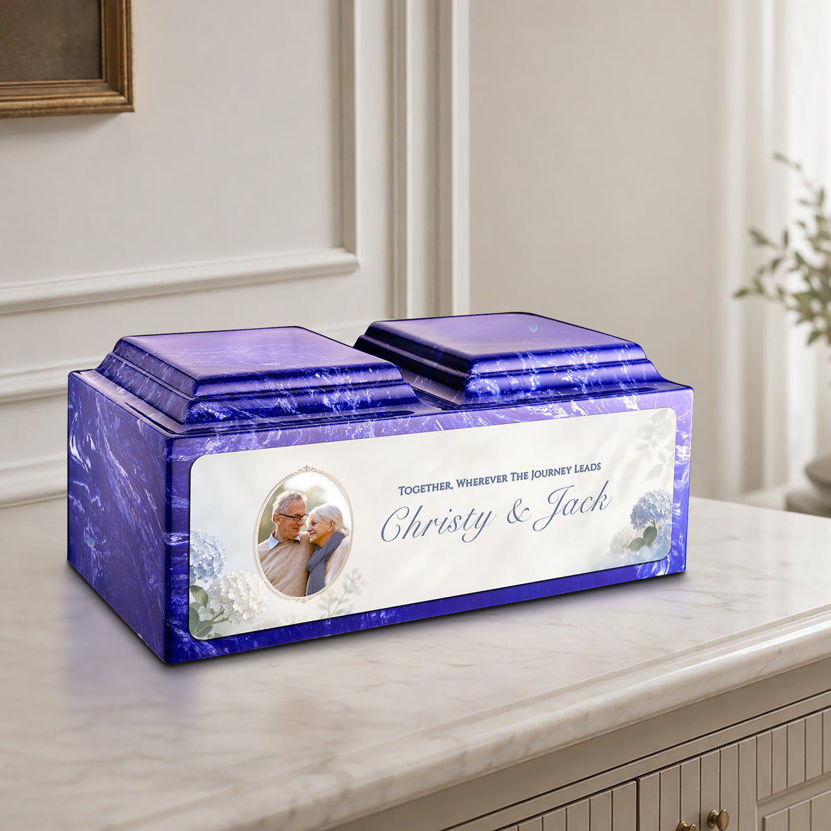 Adult Companion Custom Flower Couple Portrait Cobalt Cultured Marble Urns by MacKenzie