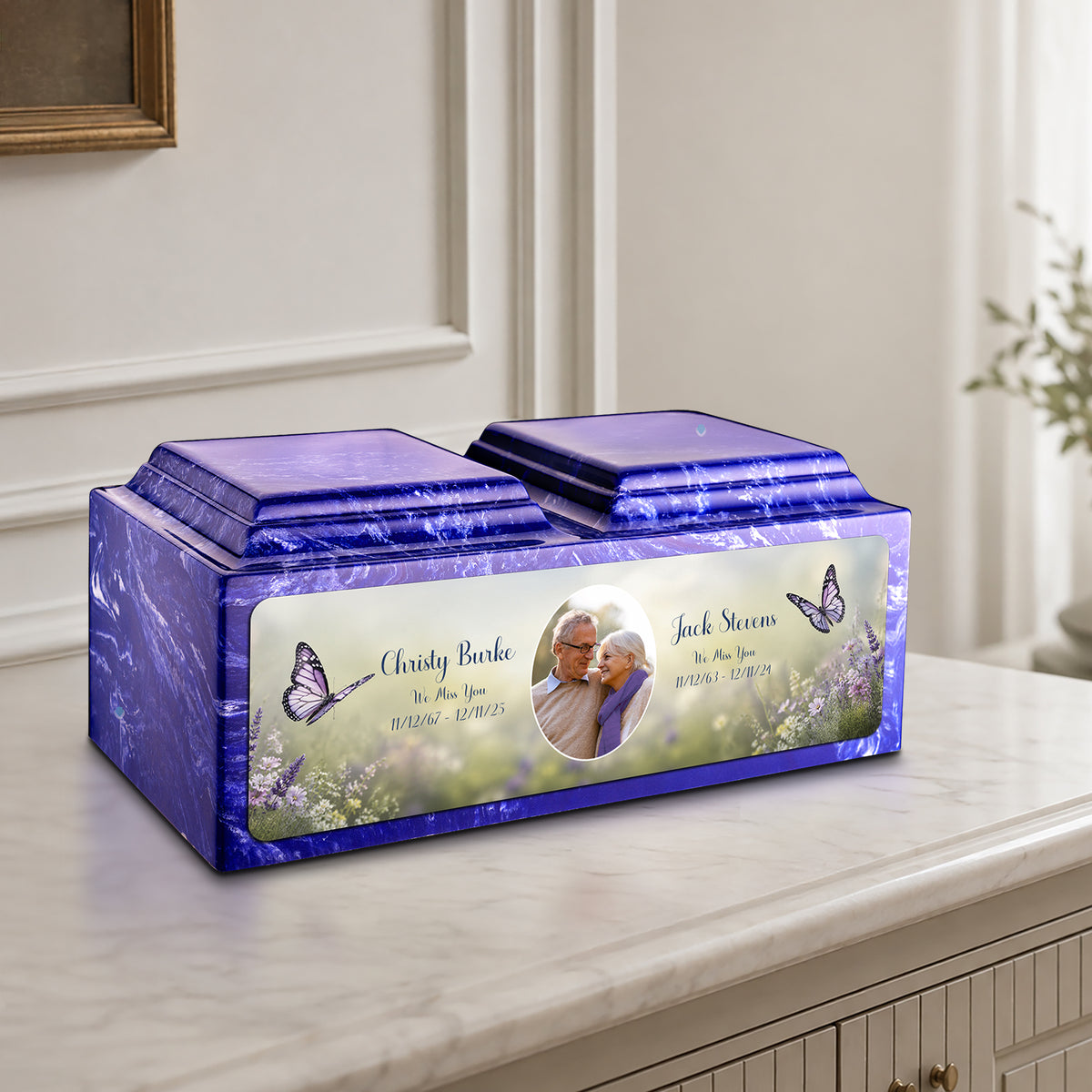 Adult Companion Custom Butterfly Couple Portrait Cobalt Cultured Marble Urns by MacKenzie