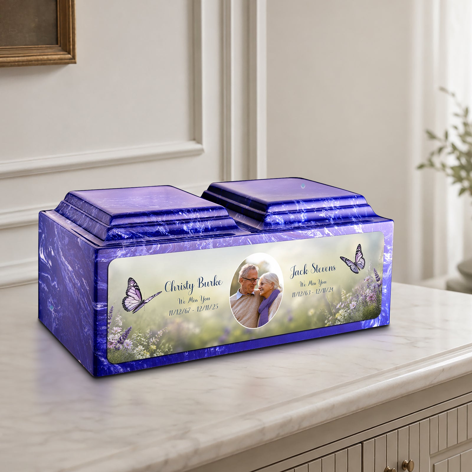 Adult Companion Custom Butterfly Couple Portrait Cobalt Cultured Marble Urns by MacKenzie