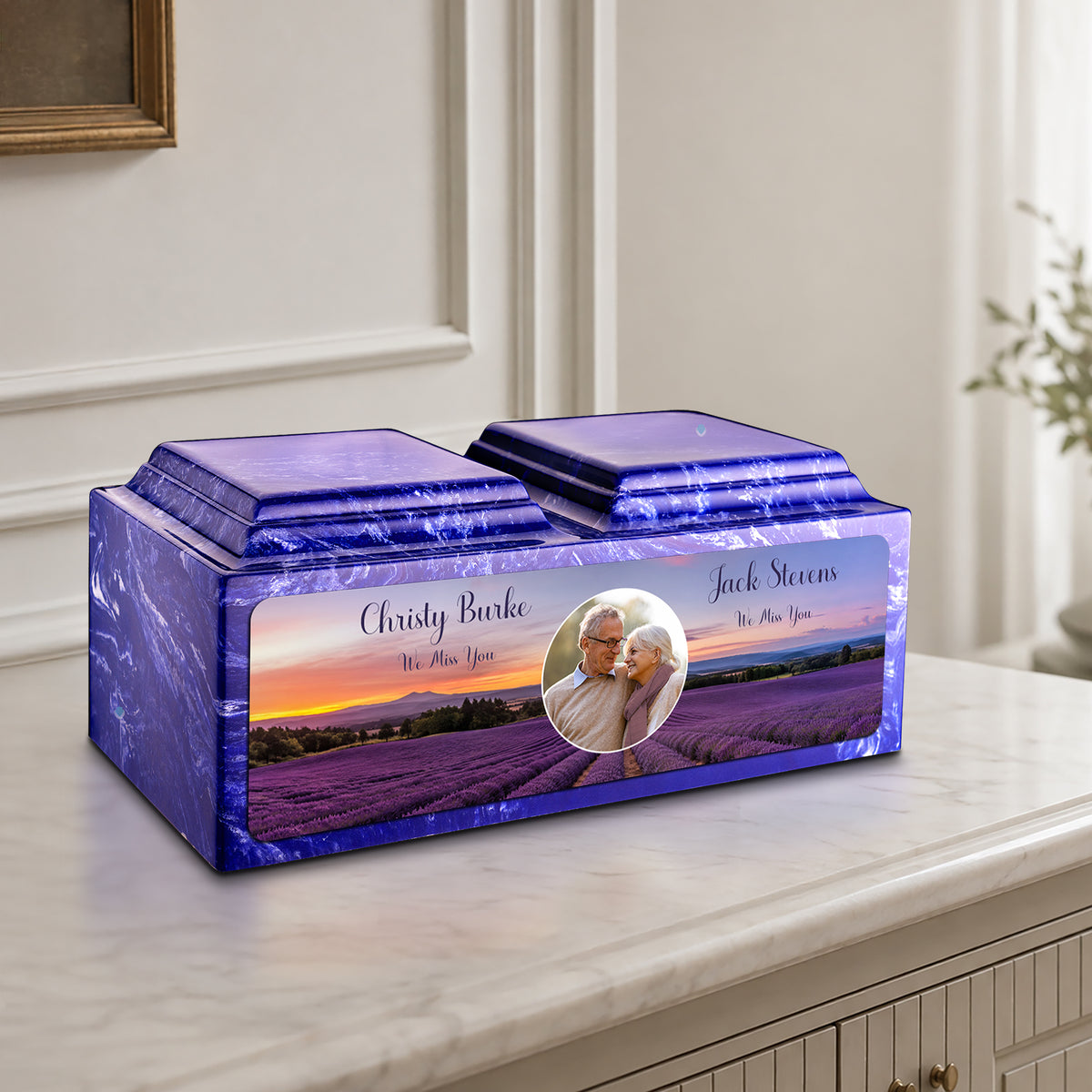 Adult Companion Custom Lavender Couple Portrait Memorial Cobalt Cultured Marble Urns by MacKenzie