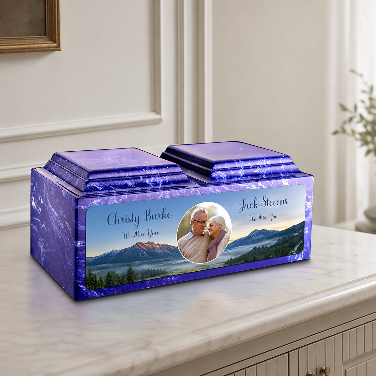 Adult Companion Custom Mountains Couple Portrait Memorial Cobalt Cultured Marble Urns by MacKenzie