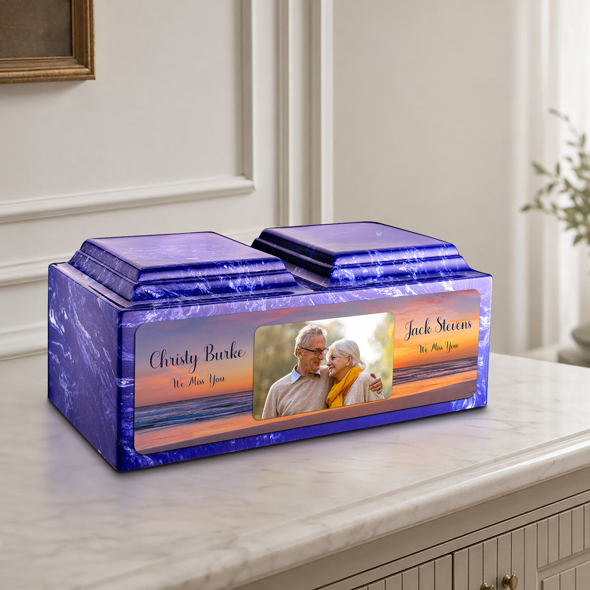 Adult Companion Custom Ocean Sunset Couple Portrait Memorial Cobalt Cultured Marble Urns by MacKenzie