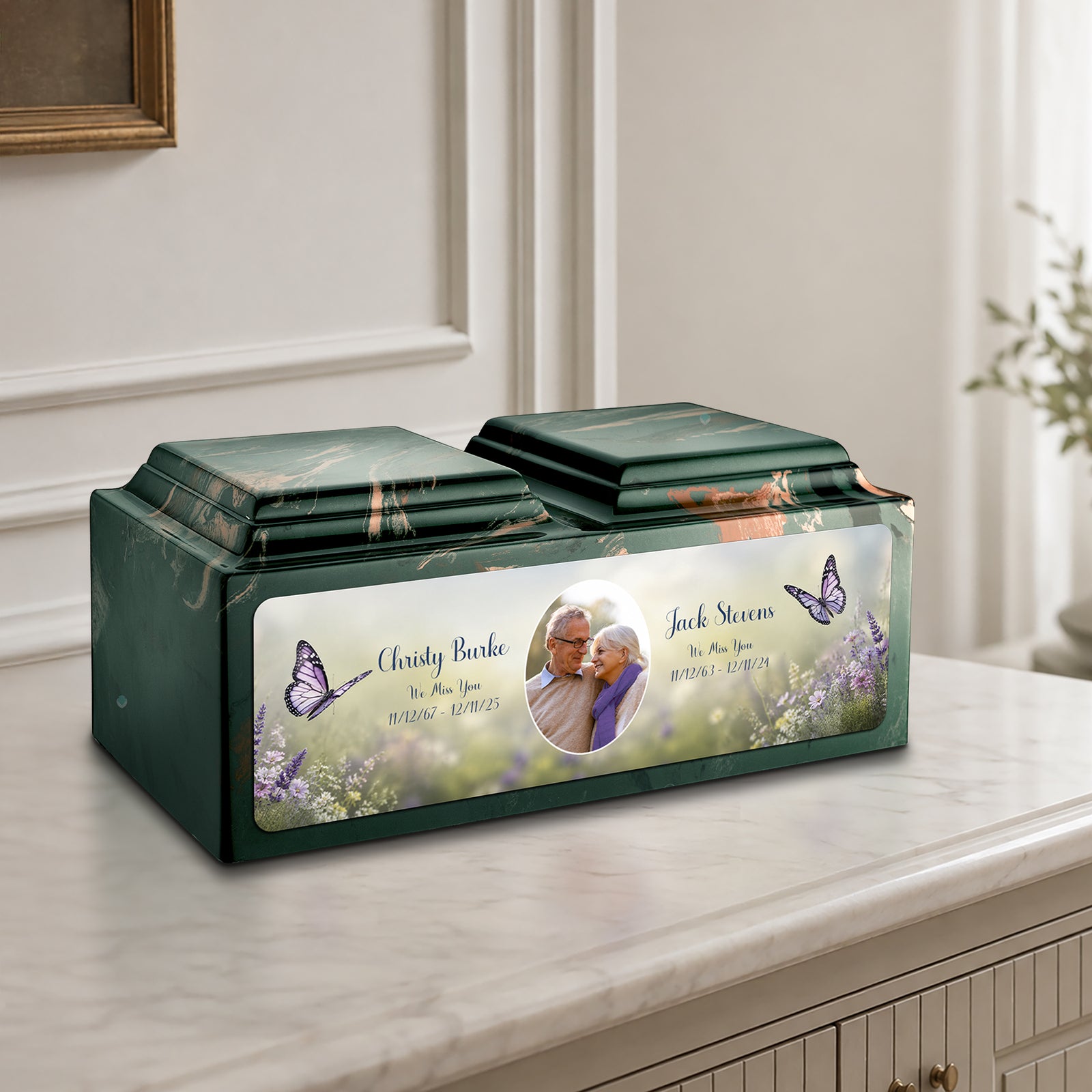 Adult Companion Custom Butterfly Couple Portrait Camo Cultured Marble Urns by MacKenzie