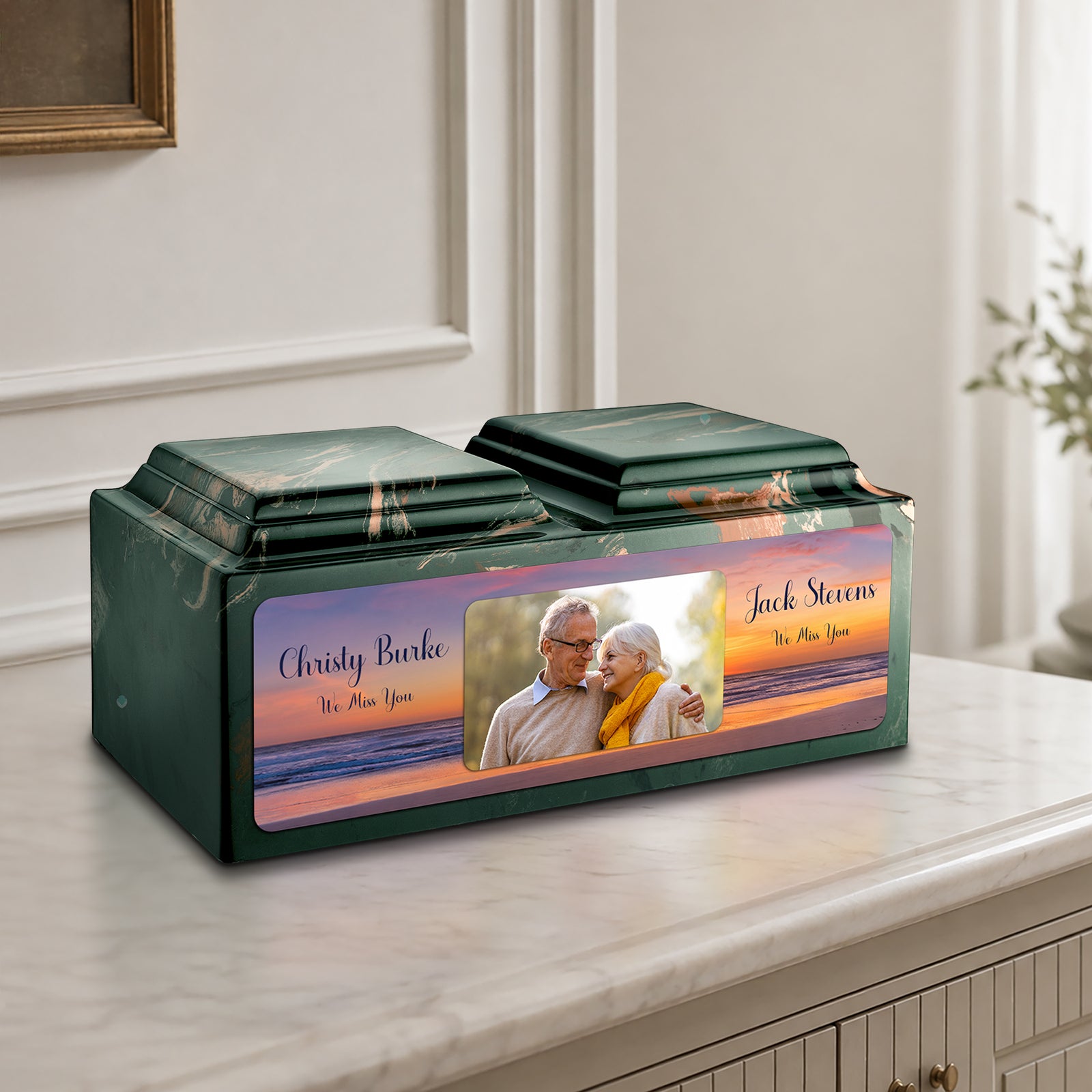 Adult Companion Custom Ocean Sunset Couple Portrait Memorial Camo Cultured Marble Urns by MacKenzie