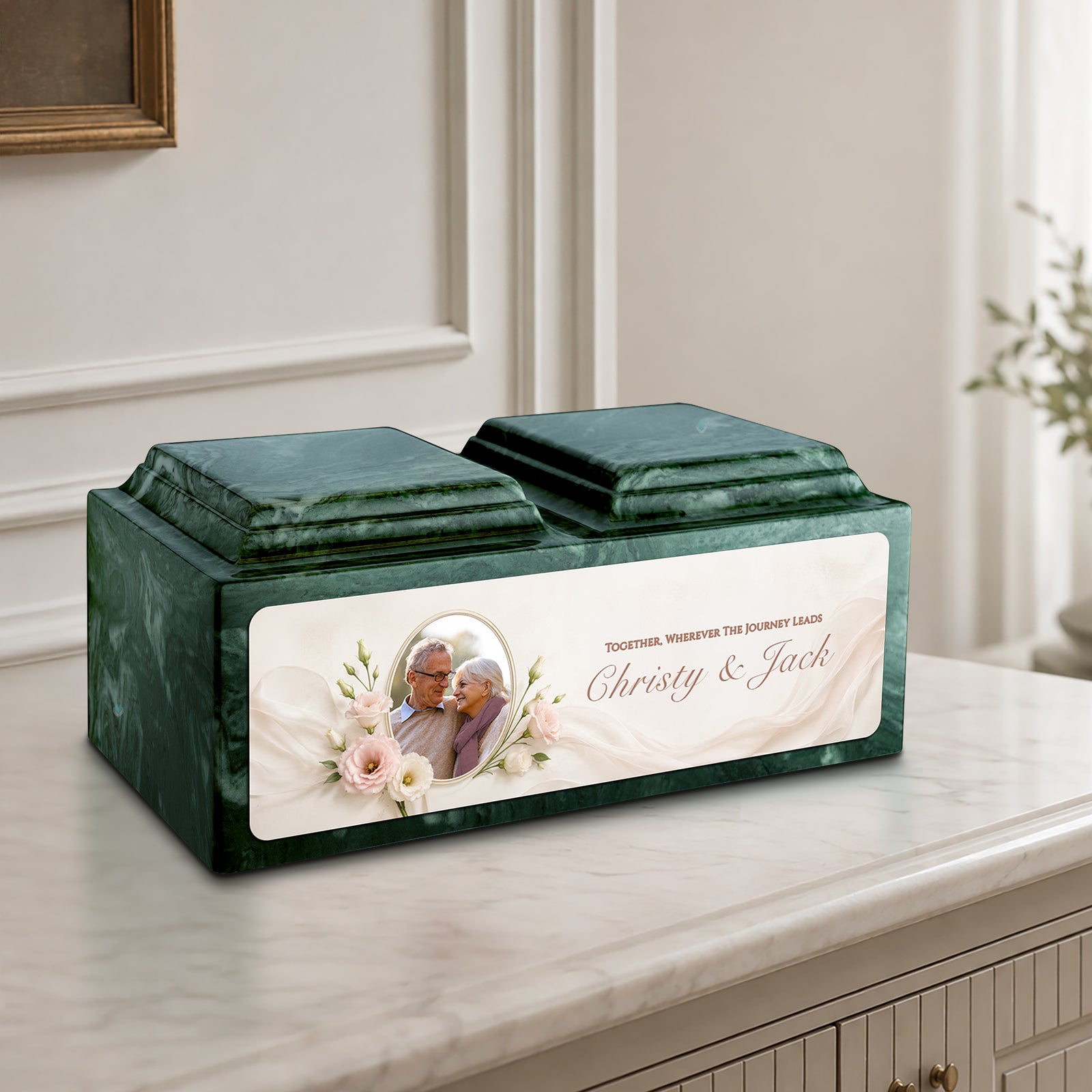 Adult Companion Custom Flower Couple Portrait Memorial Evergreen Cultured Marble Urns by MacKenzie
