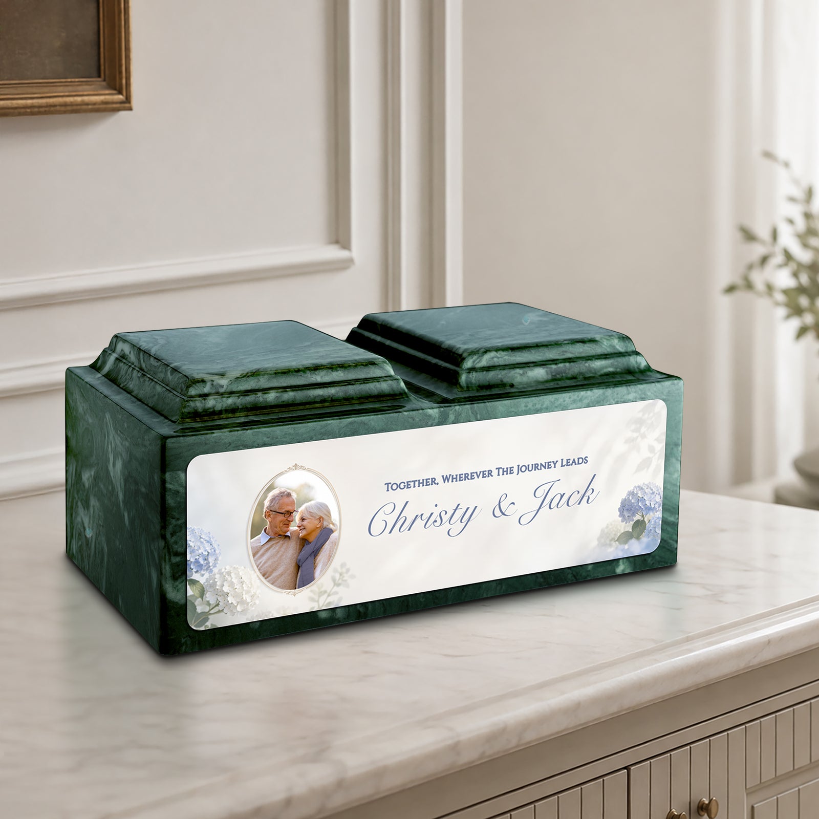 Adult Companion Custom Flower Couple Portrait Evergreen Cultured Marble Urns by MacKenzie