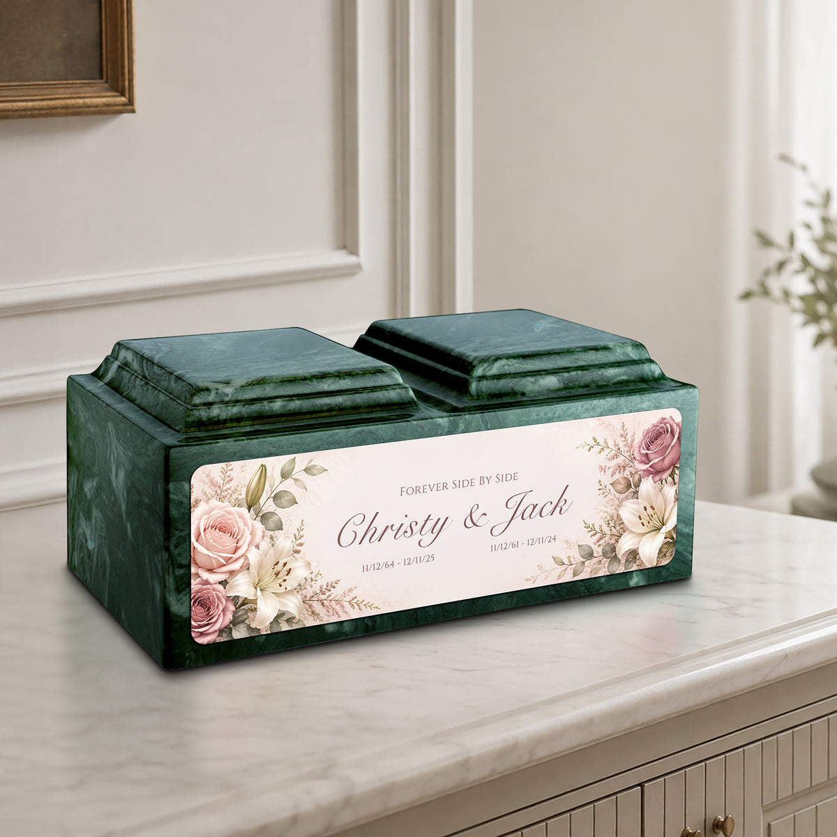 Adult Companion Custom Flower Printed Evergreen Cultured Marble Urns by MacKenzie