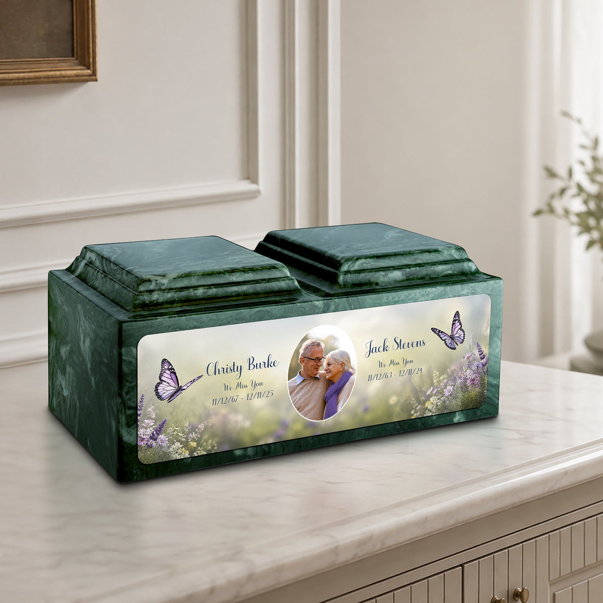Adult Companion Custom Butterfly Couple Portrait Evergreen Cultured Marble Urns by MacKenzie