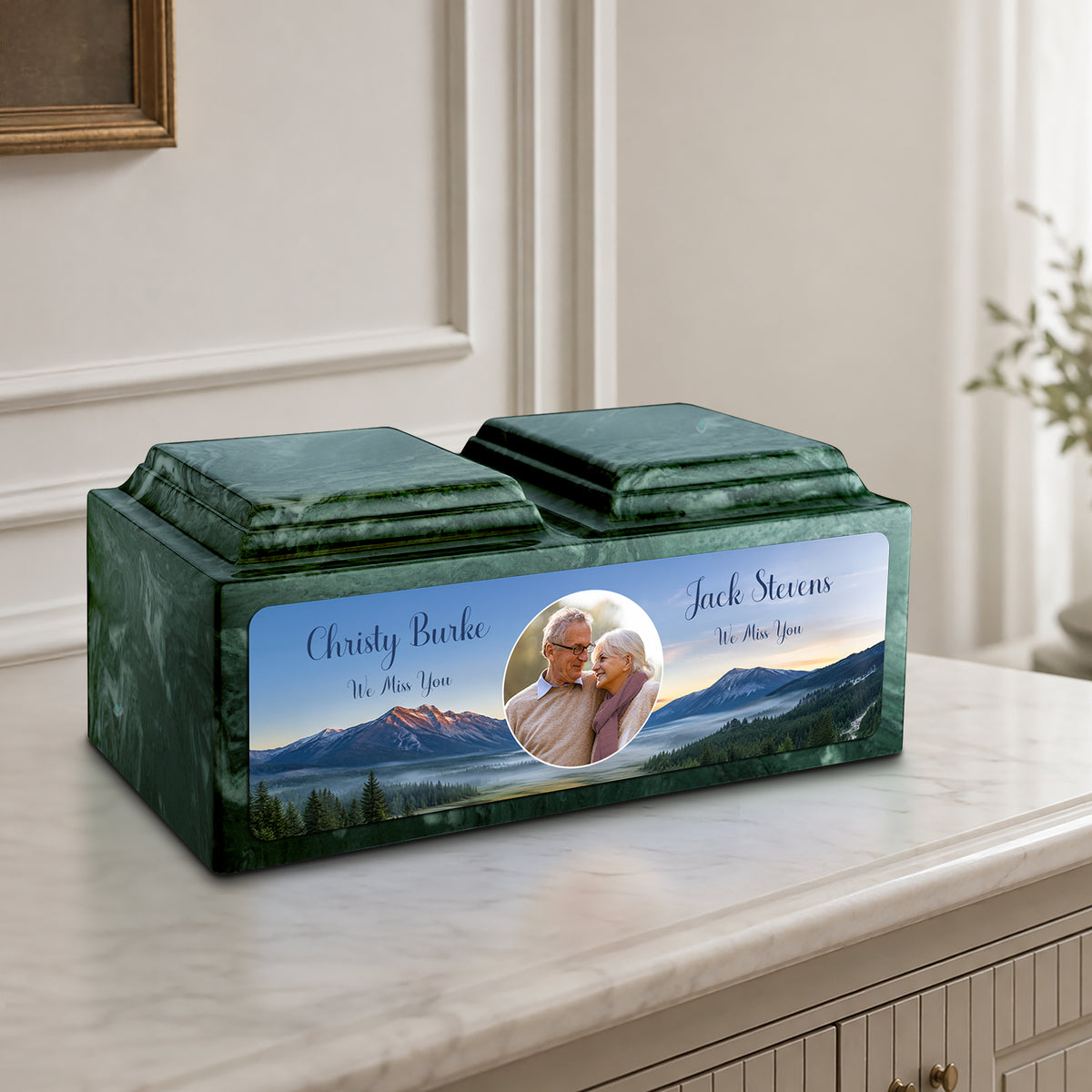 Adult Companion Custom Mountains Couple Portrait Memorial Evergreen Cultured Marble Urns by MacKenzie
