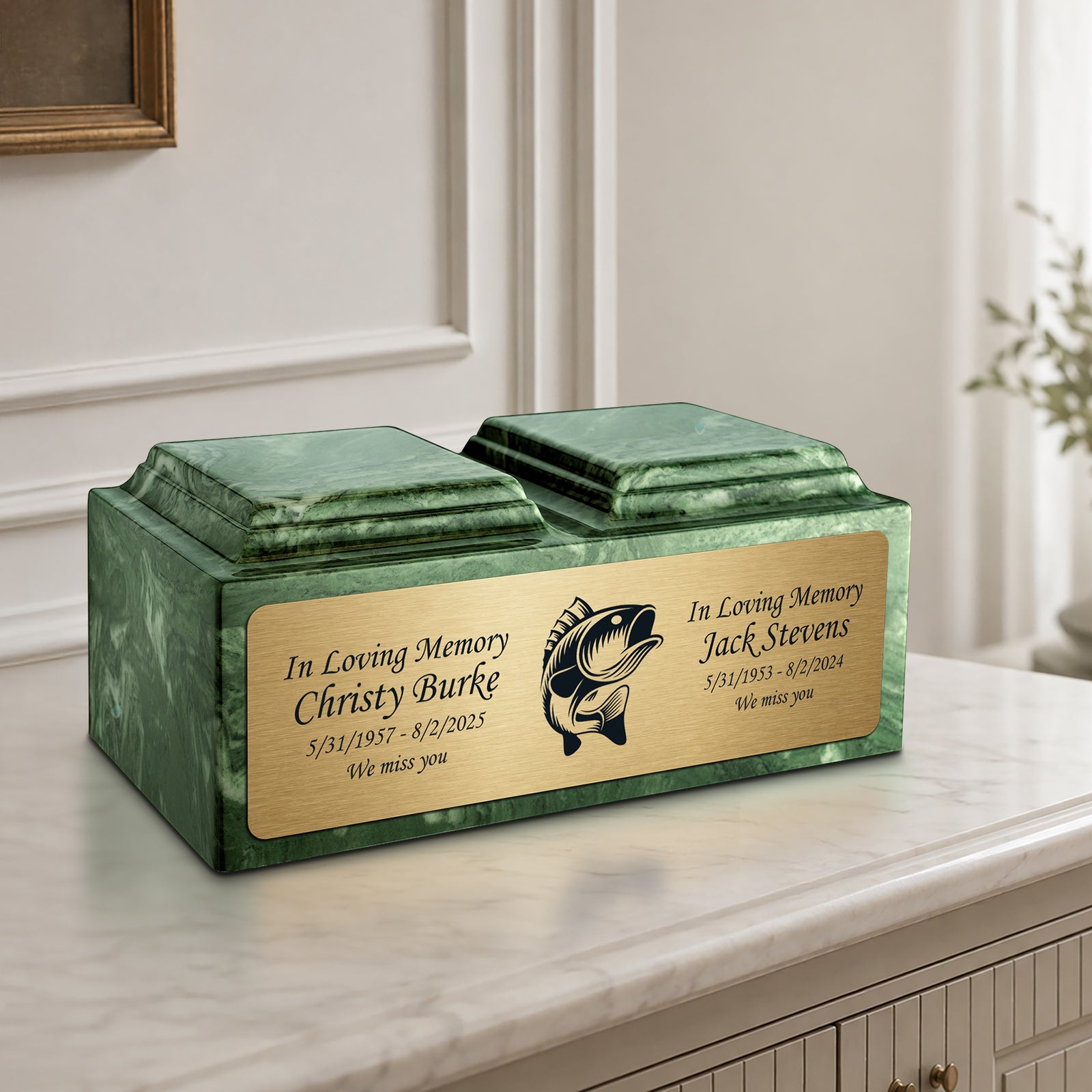 Adult Companion Custom Printed Emerald Fishing Cultured Marble Urns by MacKenzie