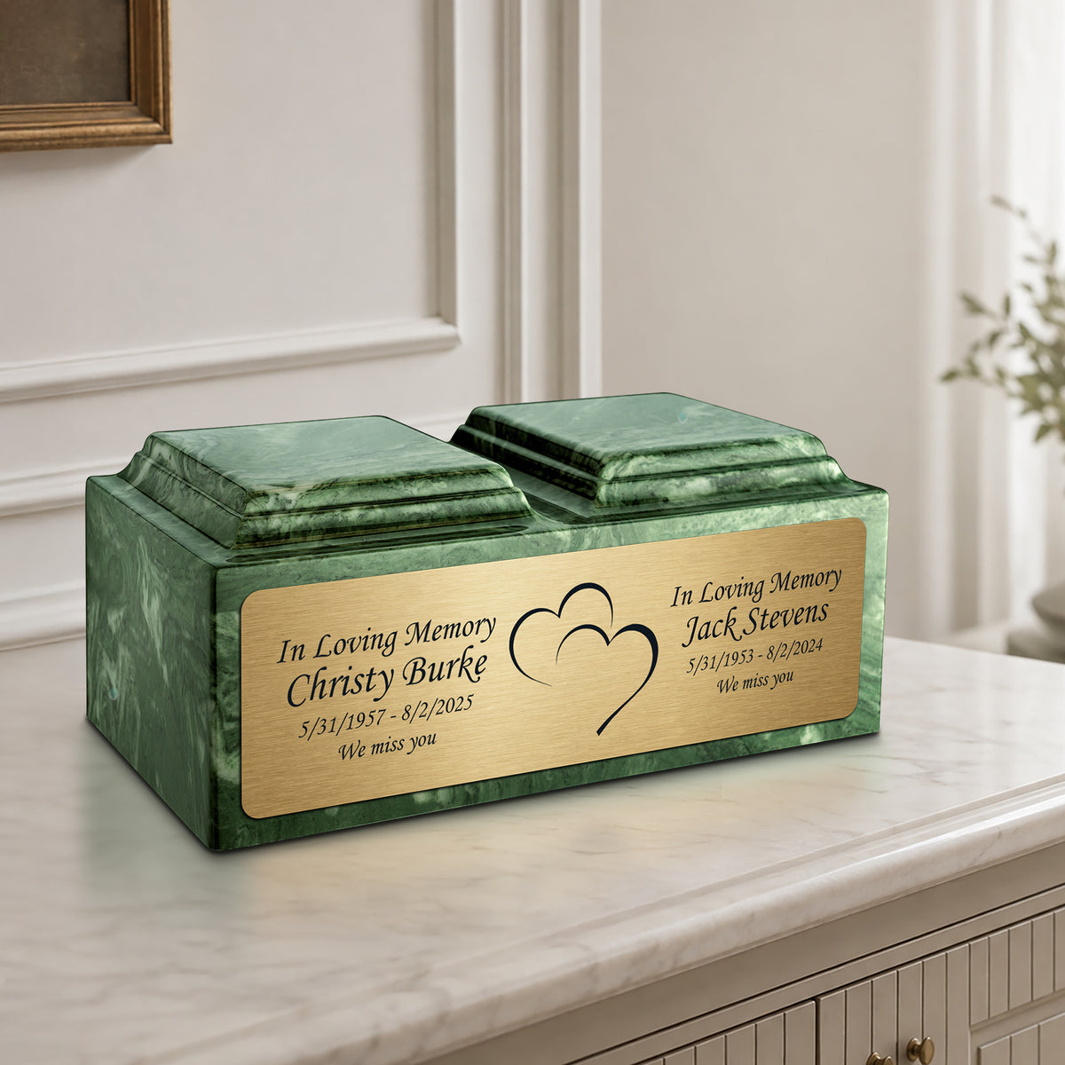 Adult Companion Custom Printed Emerald Heart Cultured Marble Urns by MacKenzie