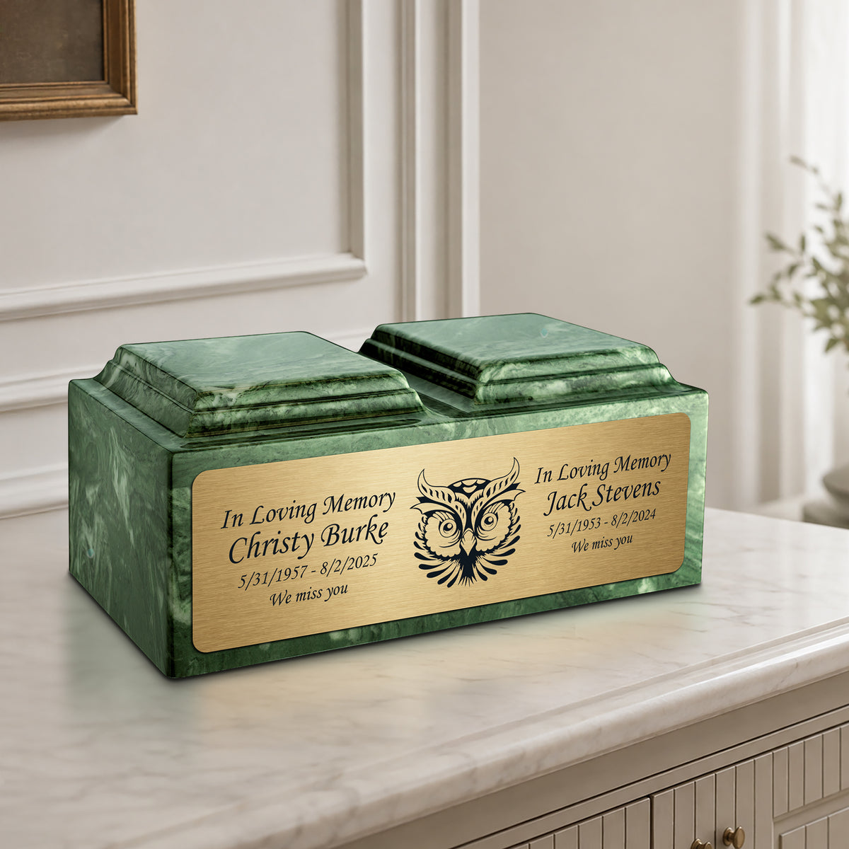 Adult Companion Custom Printed Emerald Owl Cultured Marble Urns by MacKenzie