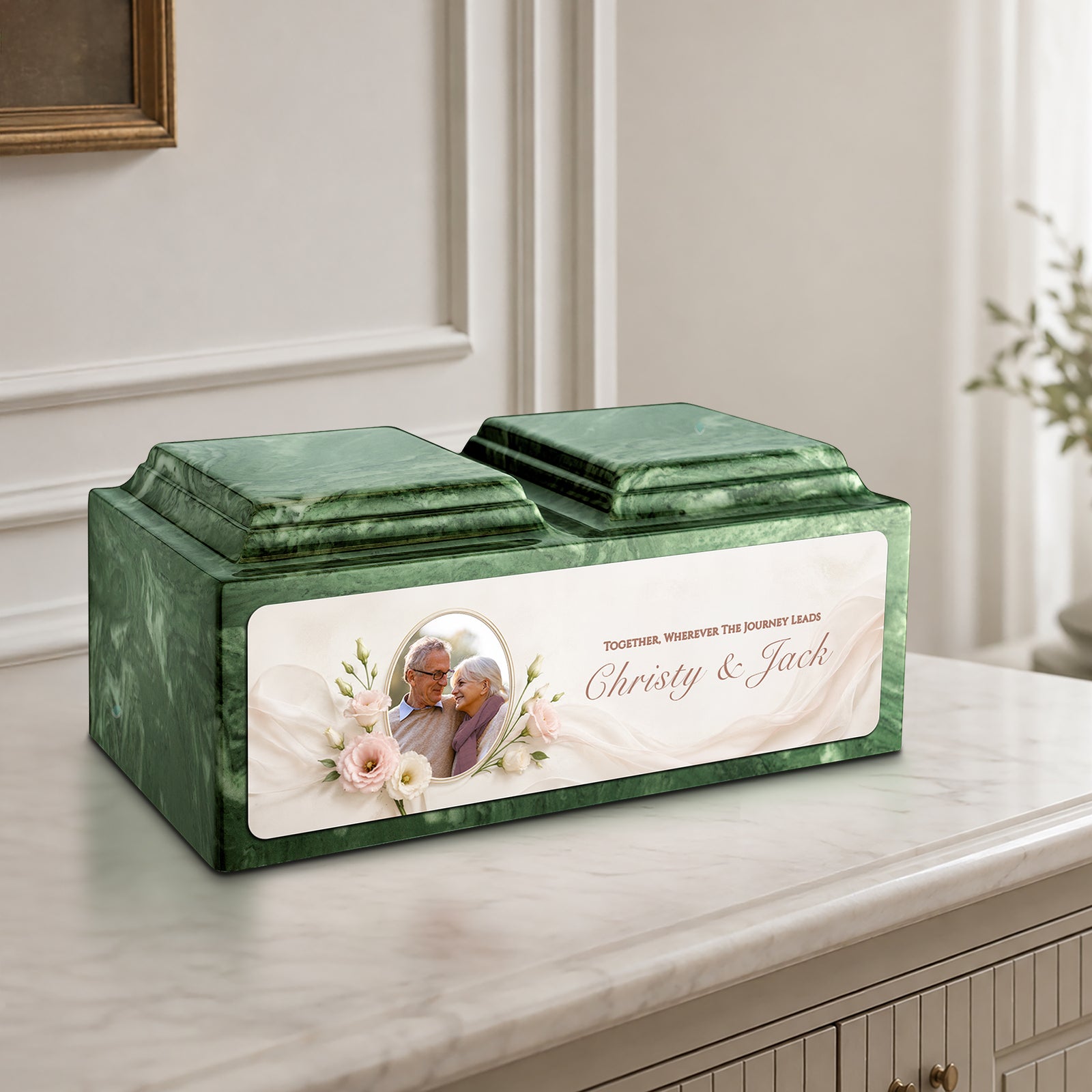 Adult Companion Custom Flower Couple Portrait Memorial Emerald Cultured Marble Urns by MacKenzie