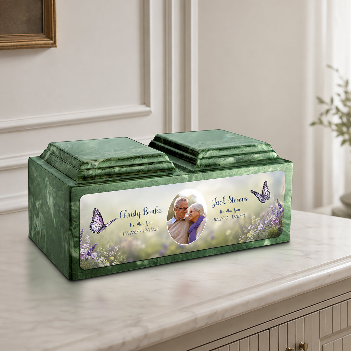 Adult Companion Custom Butterfly Couple Portrait Emerald Cultured Marble Urns by MacKenzie
