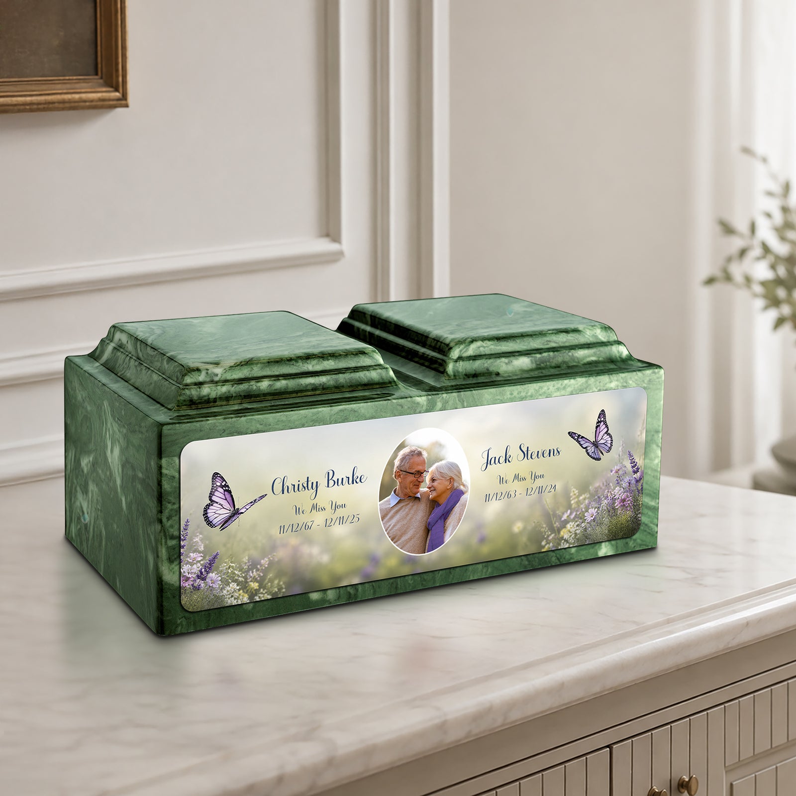 Adult Companion Custom Butterfly Couple Portrait Emerald Cultured Marble Urns by MacKenzie