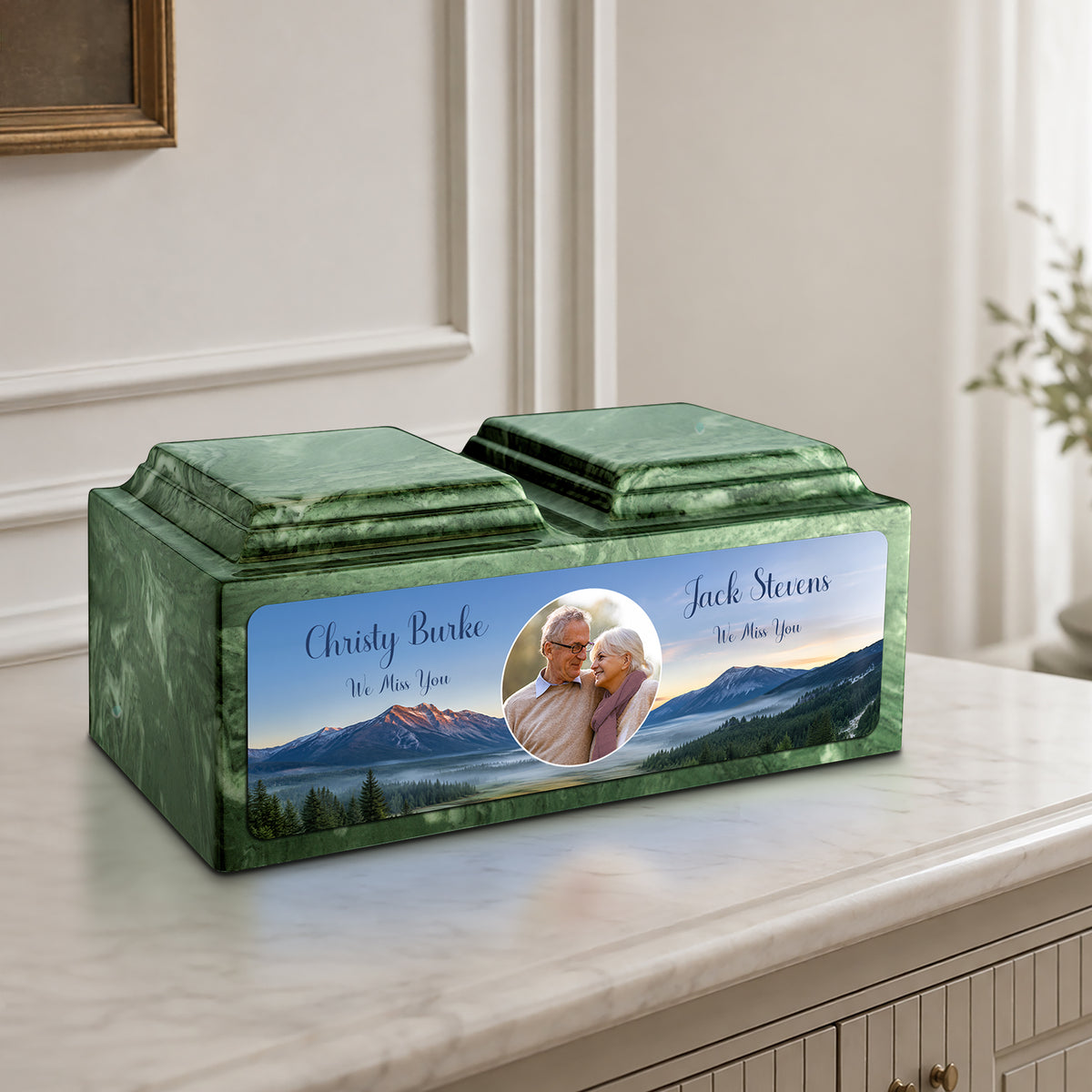 Adult Companion Custom Mountains Couple Portrait Memorial Emerald Cultured Marble Urns by MacKenzie