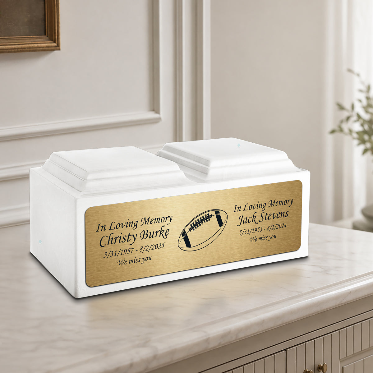 Adult Companion Custom Printed Glacier White Football Cultured Marble Urns by MacKenzie