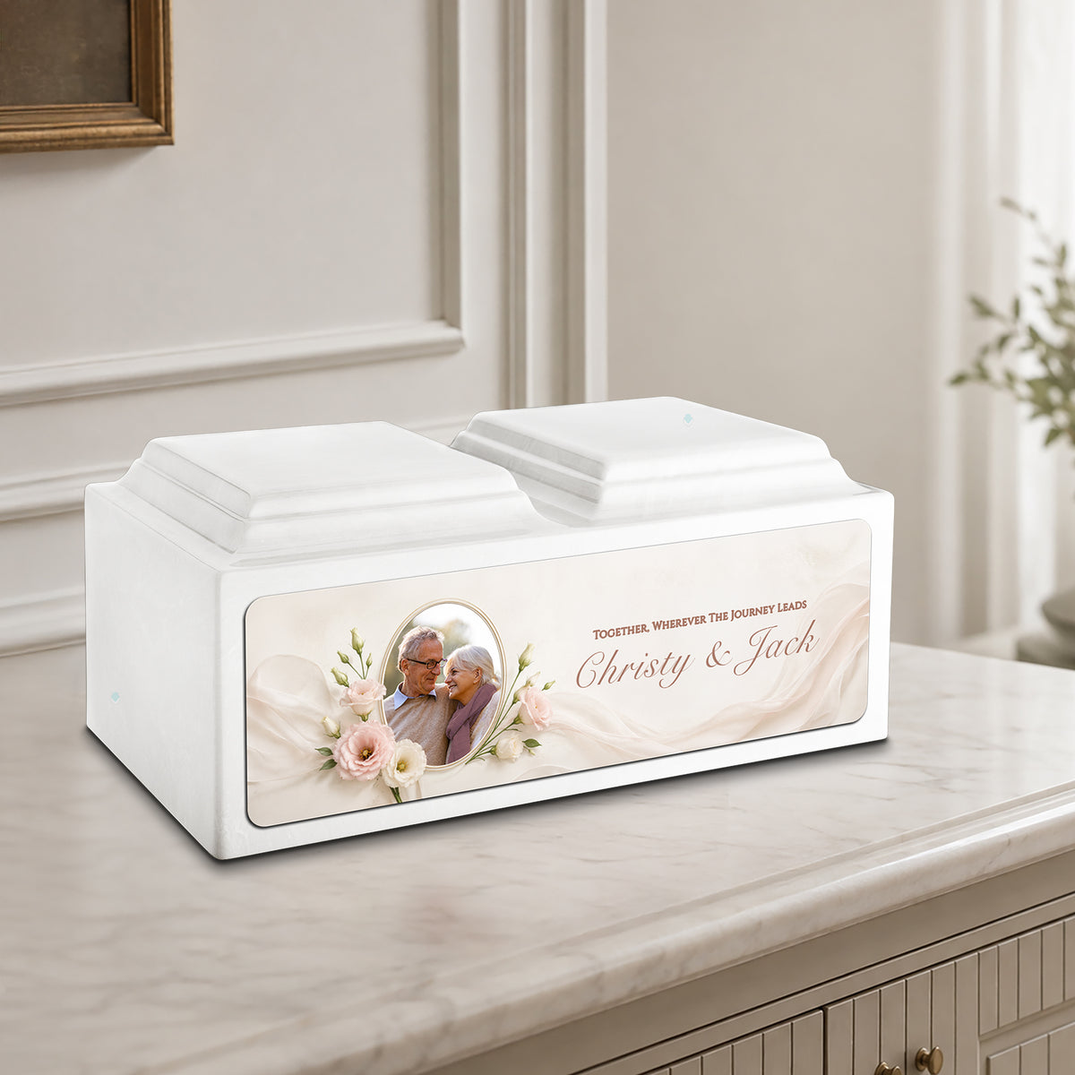 Adult Companion Custom Flower Couple Portrait Memorial Glacier White Cultured Marble Urns by MacKenzie