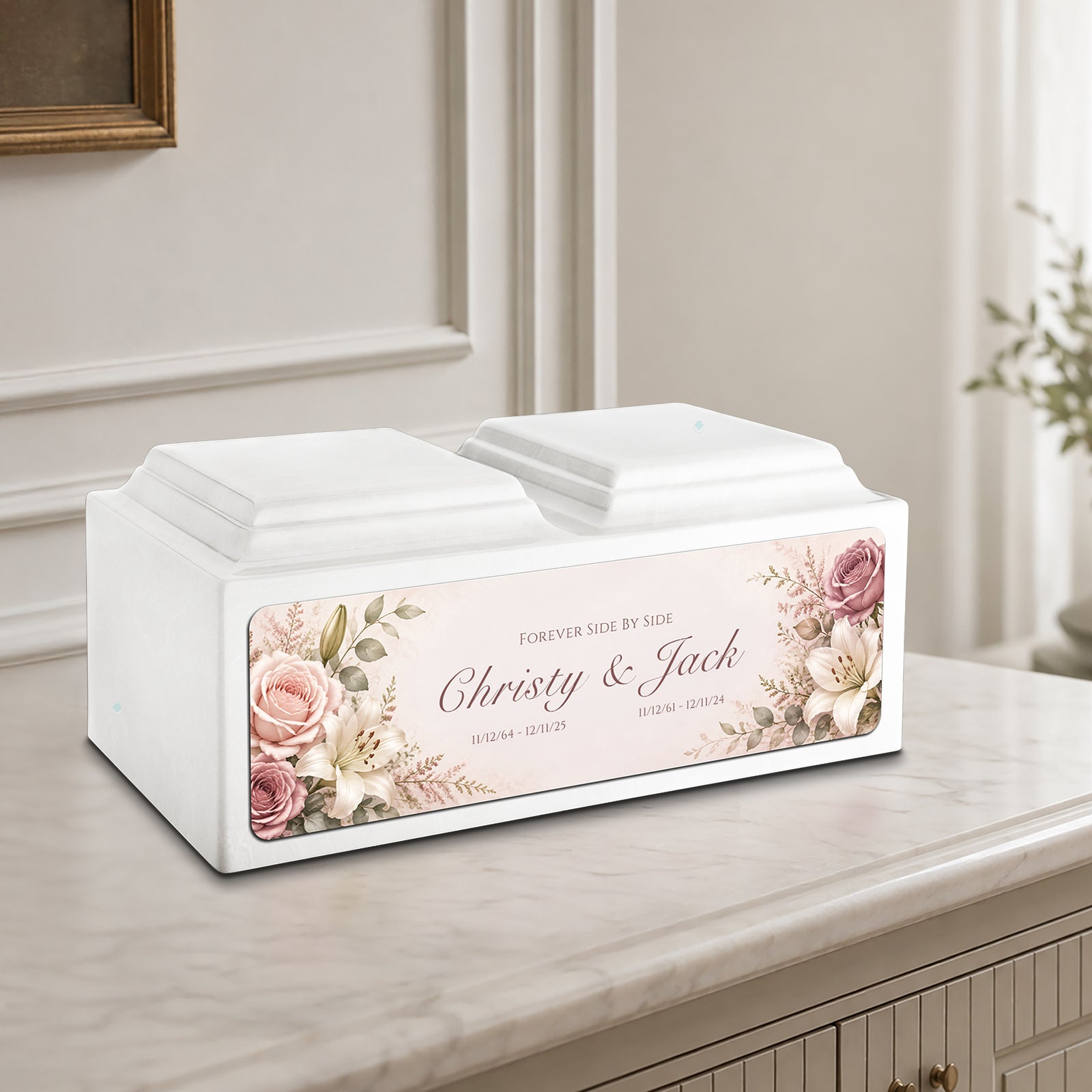 Adult Companion Custom Flower Printed Glacier White Cultured Marble Urns by MacKenzie