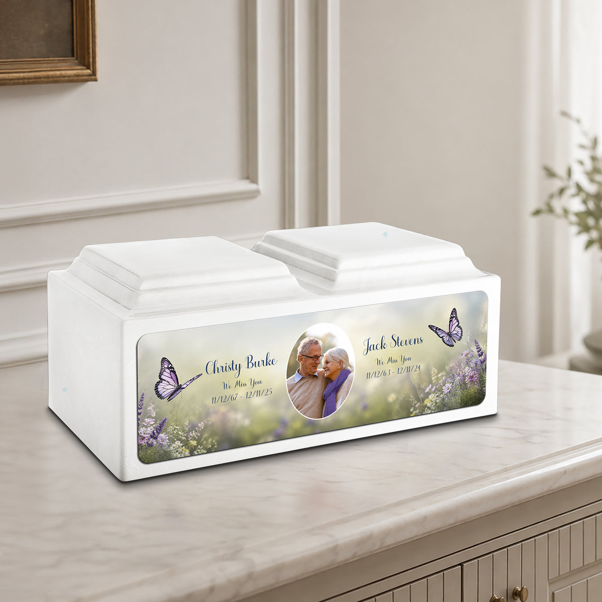 Adult Companion Custom Butterfly Couple Portrait Glacier White Cultured Marble Urns by MacKenzie
