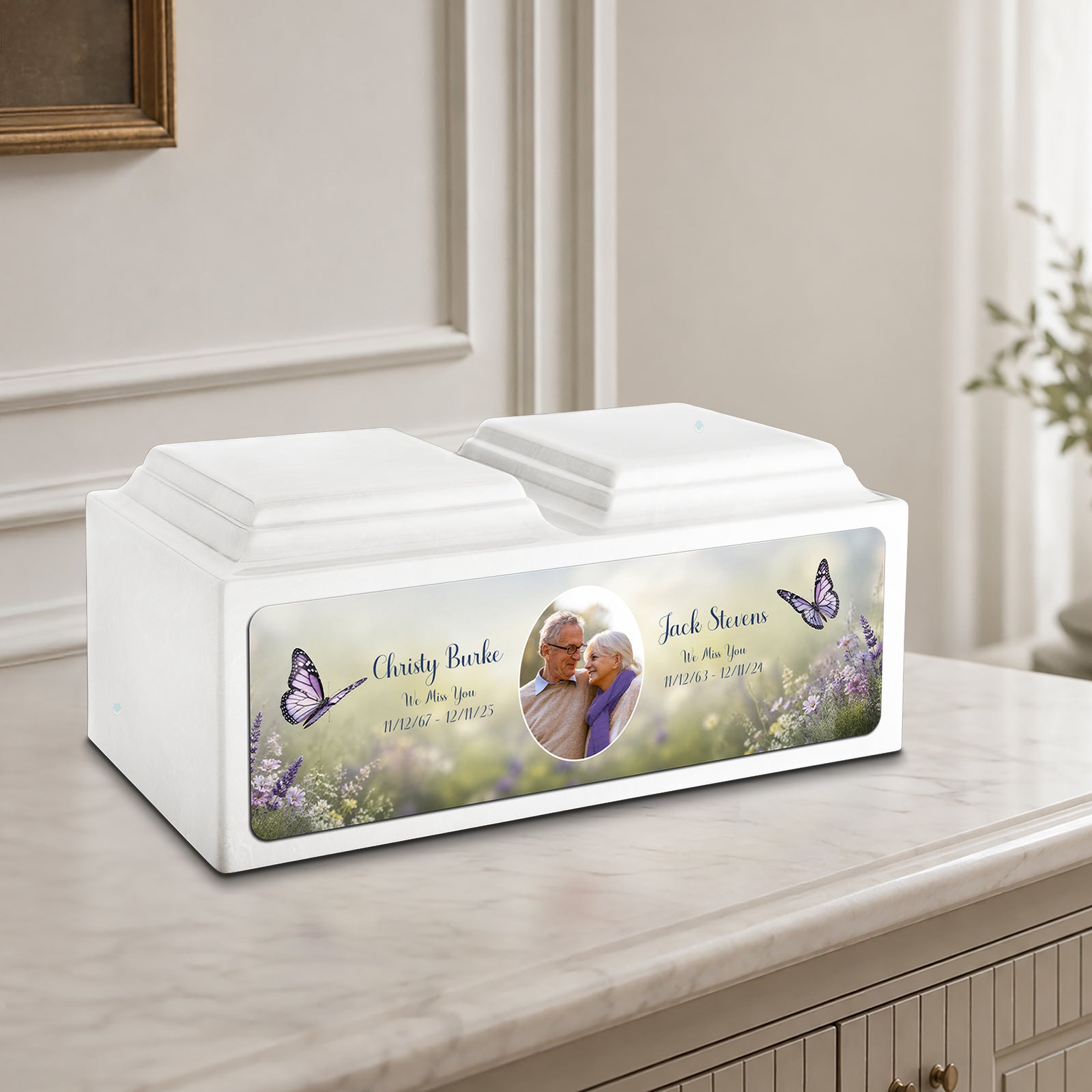 Adult Companion Custom Butterfly Couple Portrait Glacier White Cultured Marble Urns by MacKenzie