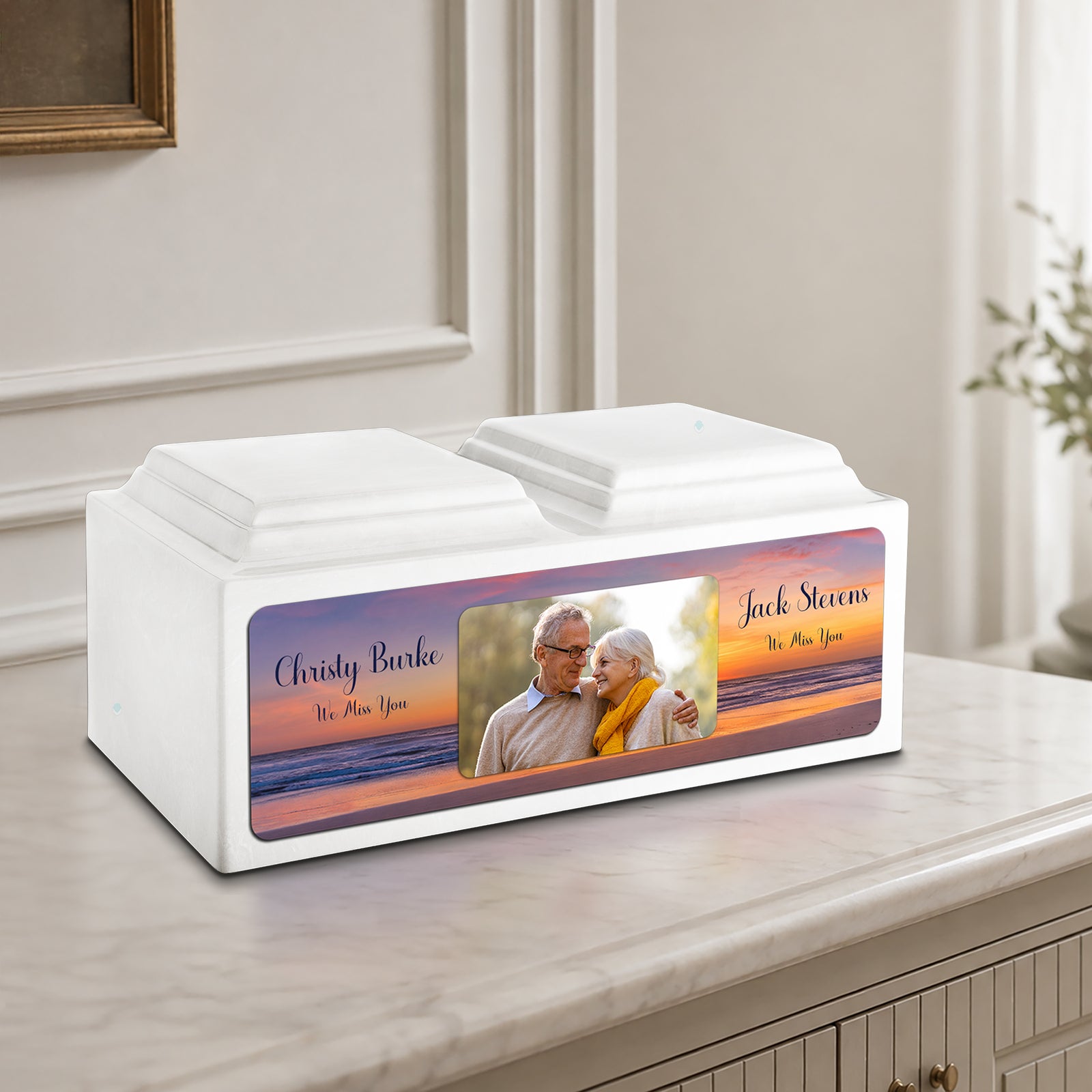 Adult Companion Custom Ocean Sunset Couple Portrait Memorial Glacier White Cultured Marble Urns by MacKenzie