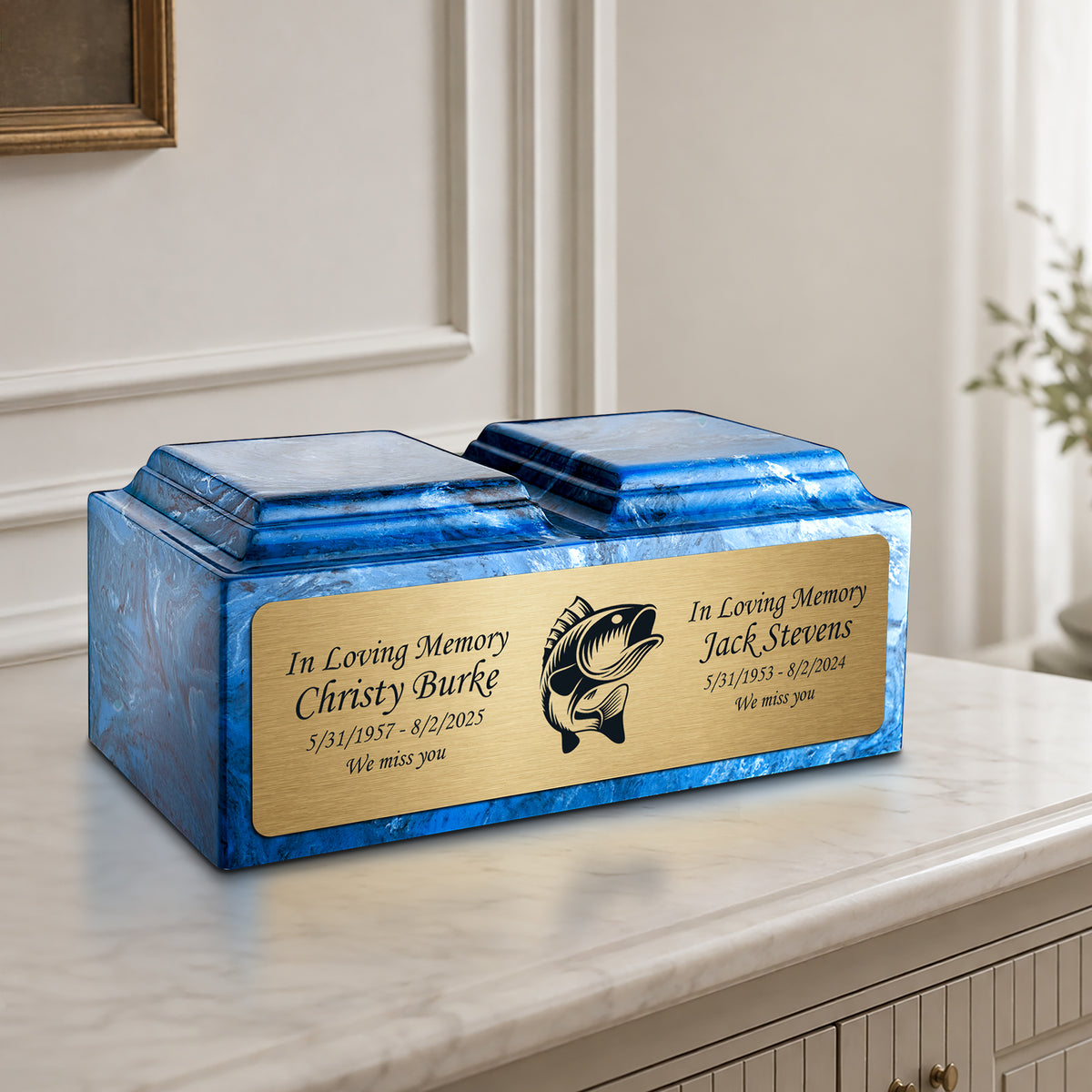 Adult Companion Custom Printed Mystic Blue Fishing Cultured Marble Urns by MacKenzie