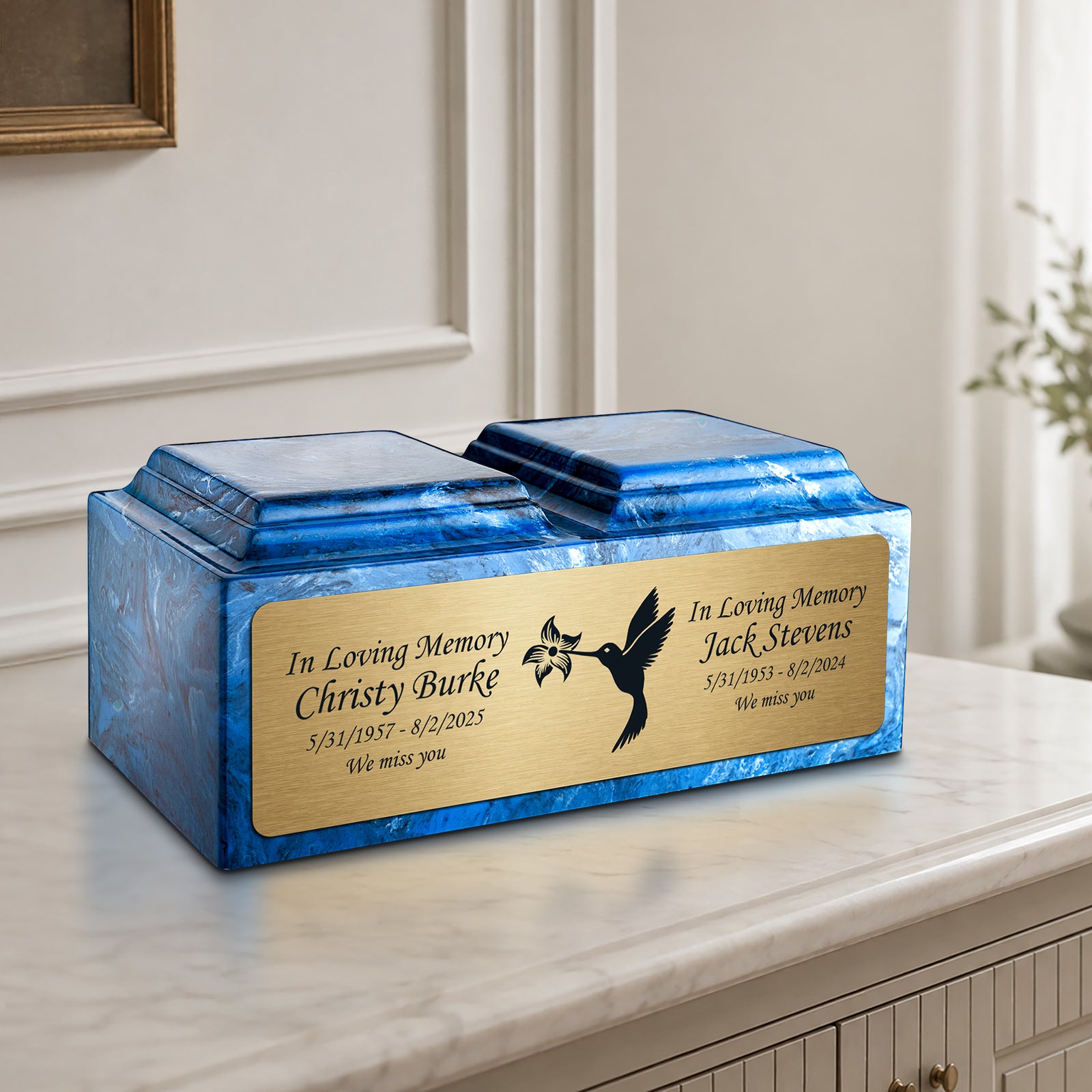 Adult Companion Custom Printed Mystic Blue Hummingbird Cultured Marble Urns by MacKenzie